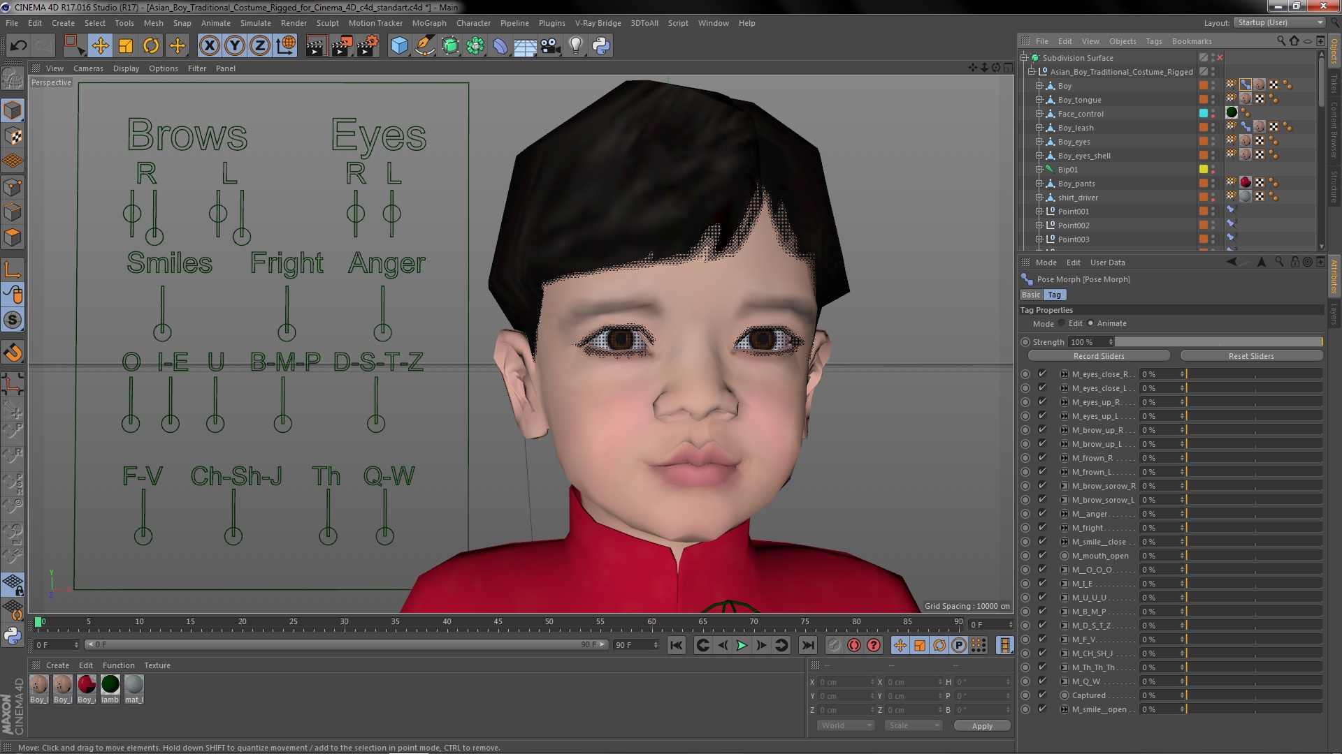 3D model Asian Boy Traditional Costume Rigged for Cinema 4D