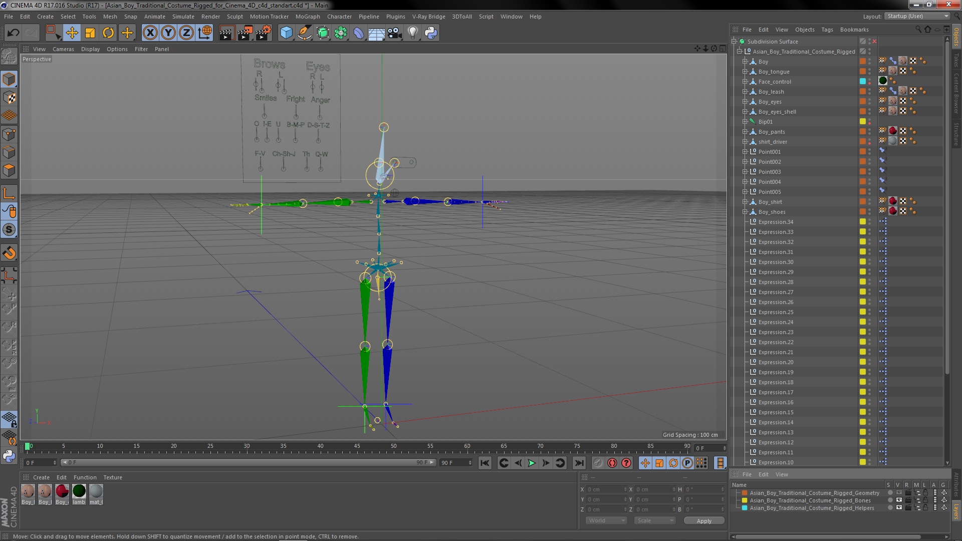 3D model Asian Boy Traditional Costume Rigged for Cinema 4D
