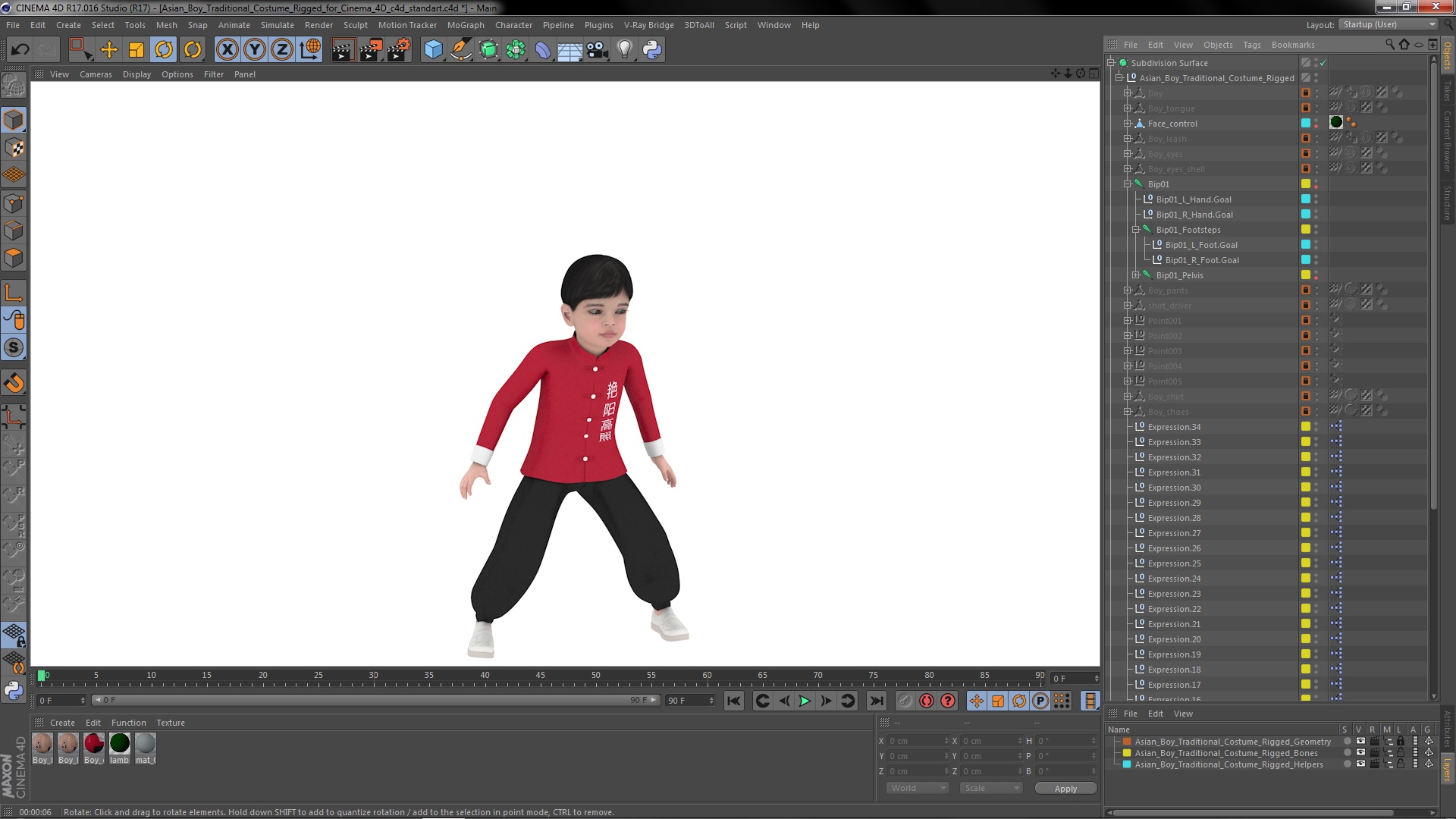 3D model Asian Boy Traditional Costume Rigged for Cinema 4D