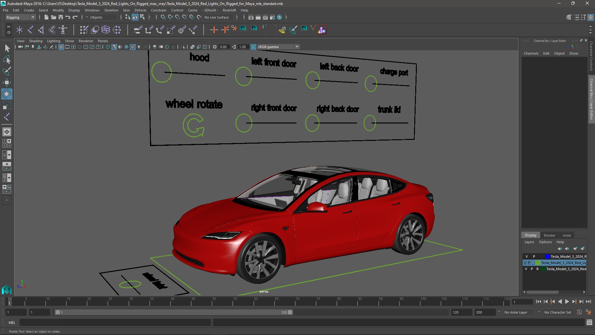3D Tesla Model 3 2024 Red Lights On Rigged for Maya model