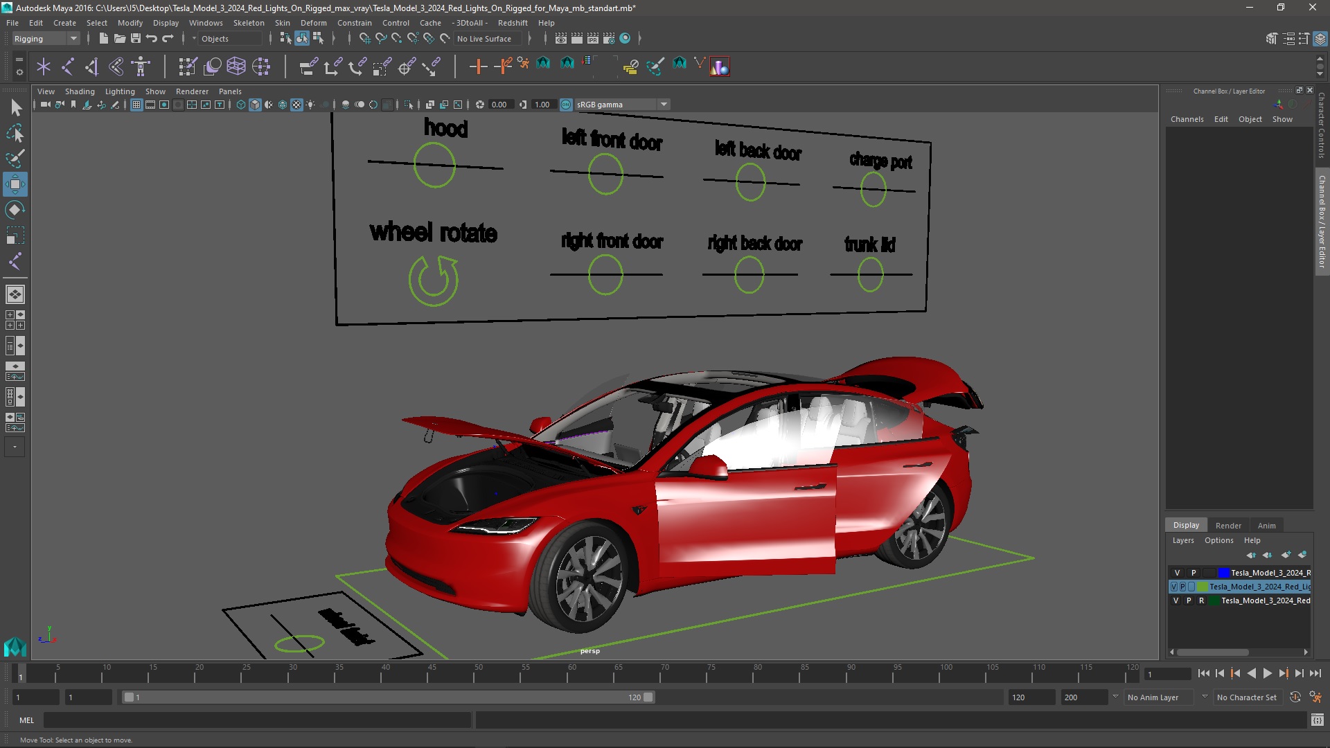 3D Tesla Model 3 2024 Red Lights On Rigged for Maya model