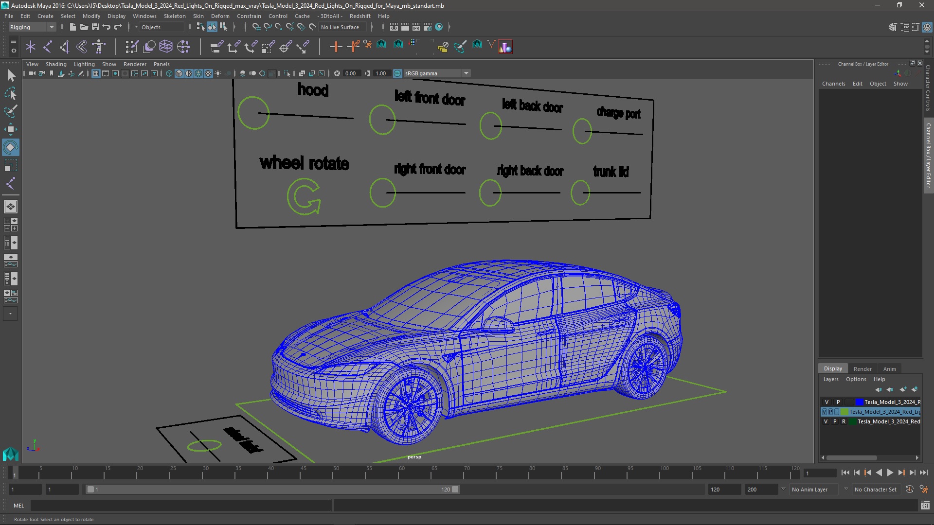 3D Tesla Model 3 2024 Red Lights On Rigged for Maya model