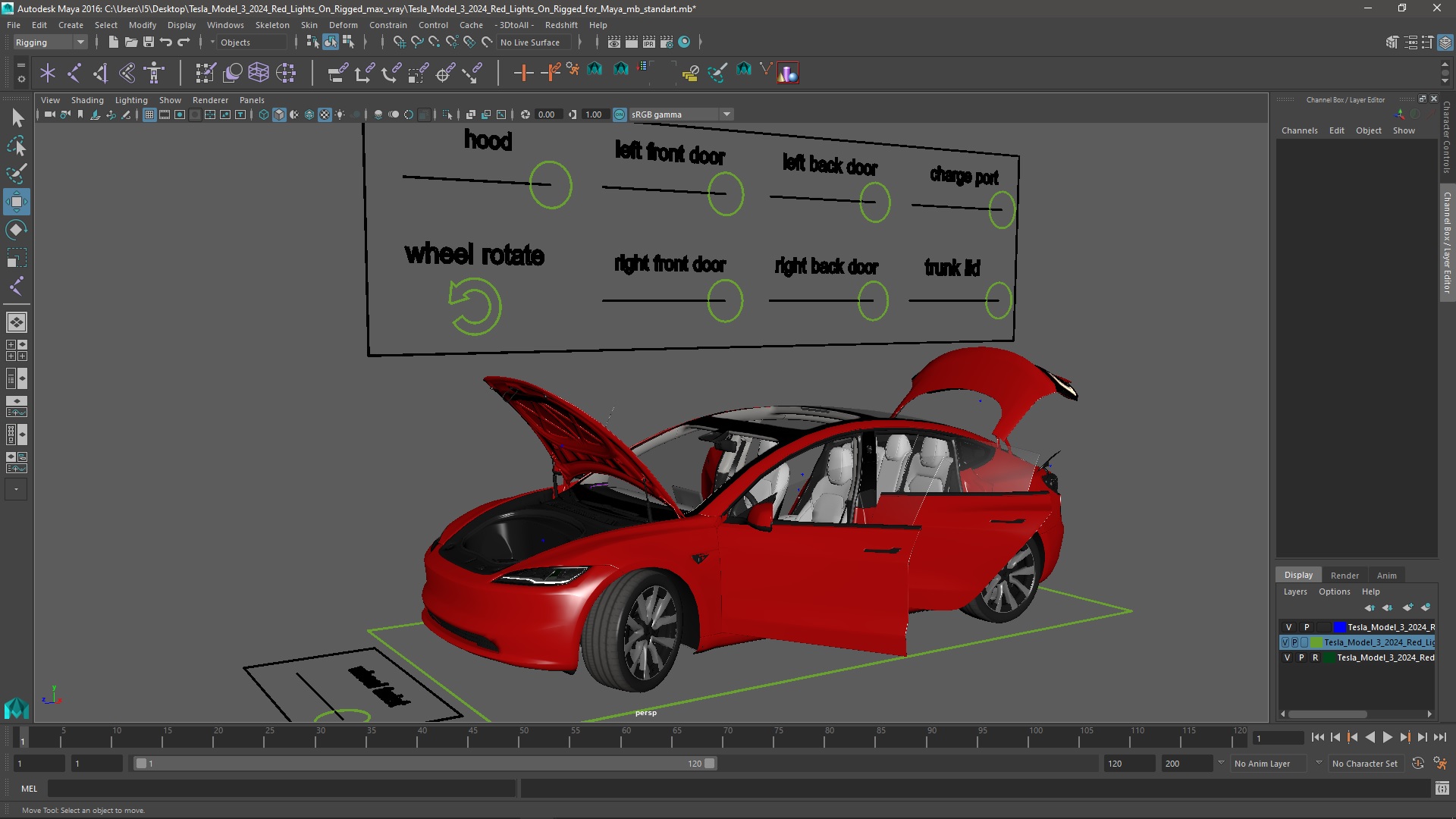 3D Tesla Model 3 2024 Red Lights On Rigged for Maya model