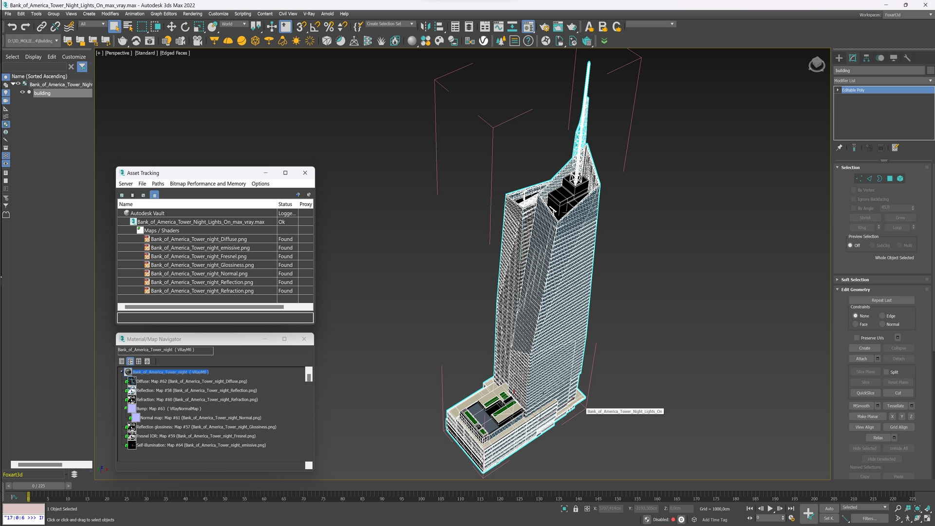 Bank of America Tower Night Lights On 3D