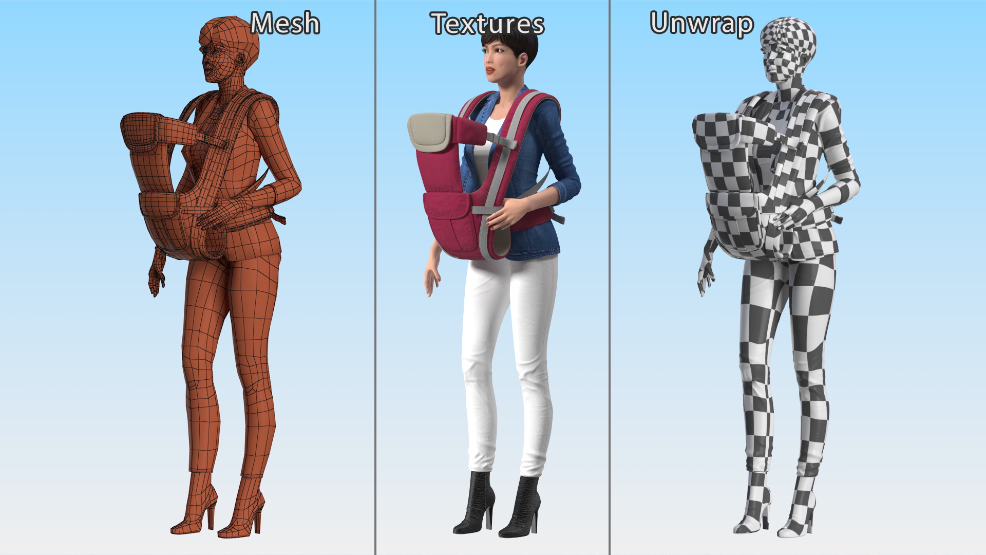 3D Woman with Baby Carrier Pink model
