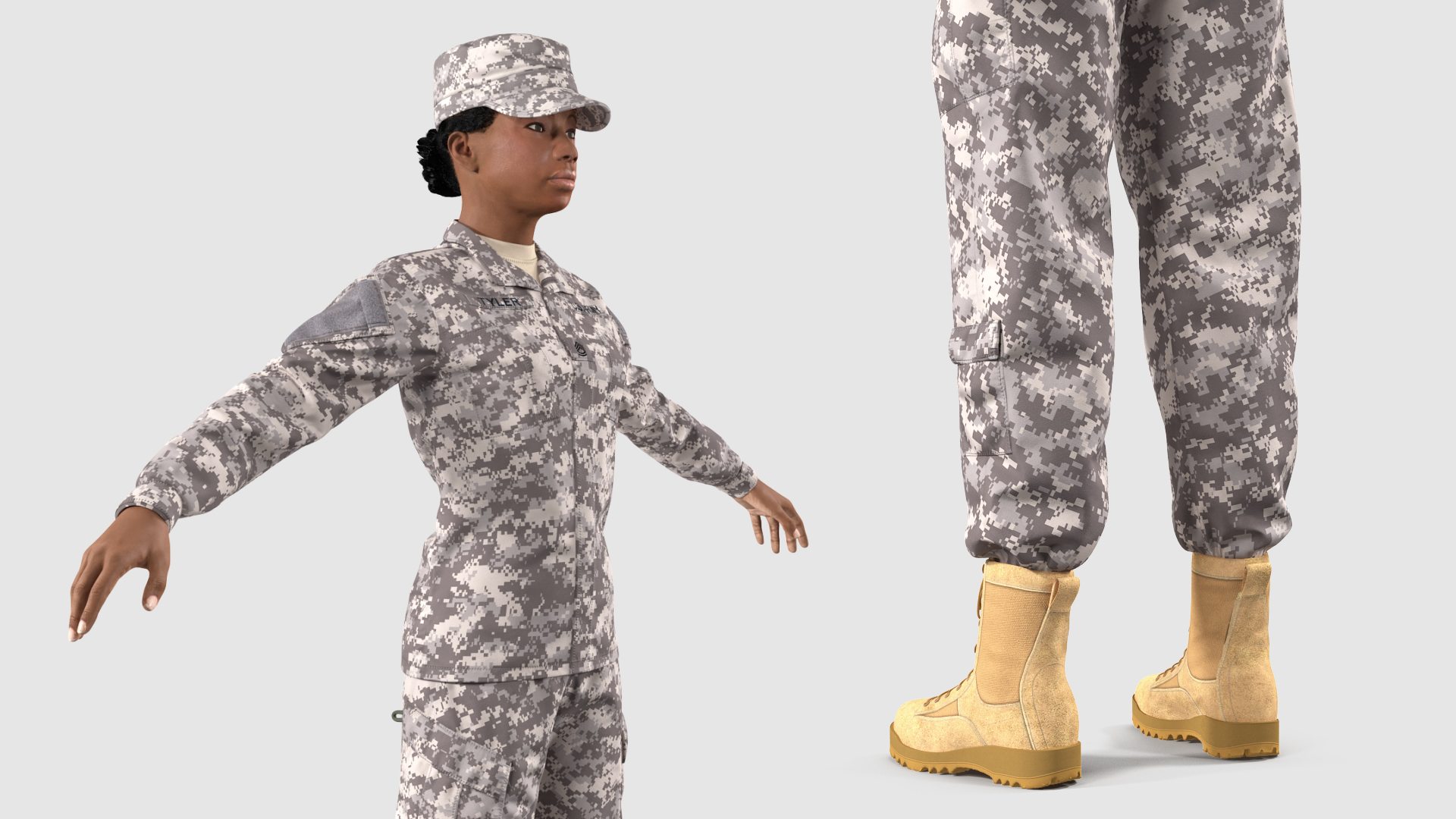Black Female Soldier Military ACU T Pose Fur 3D model