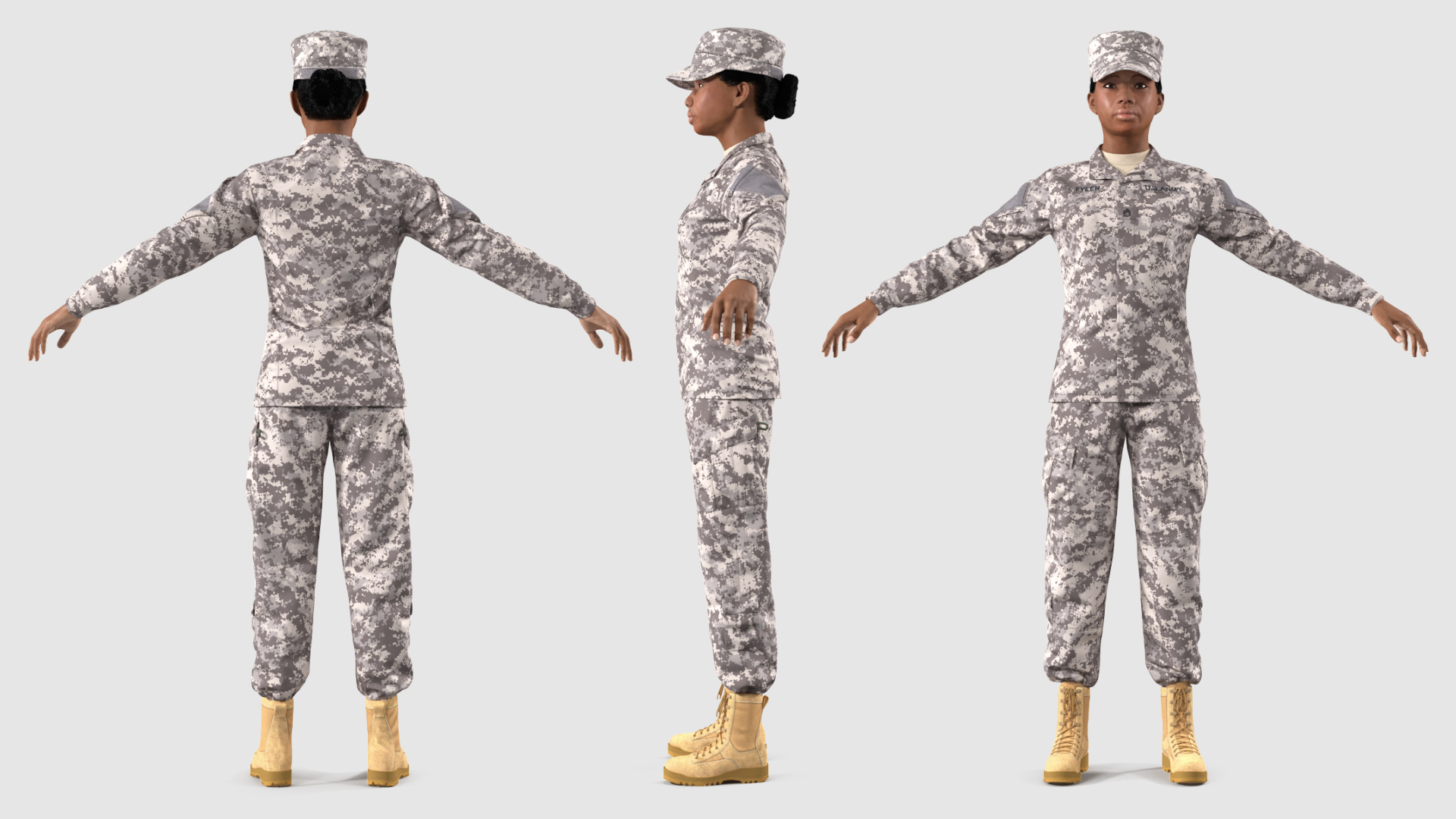 Black Female Soldier Military ACU T Pose Fur 3D model