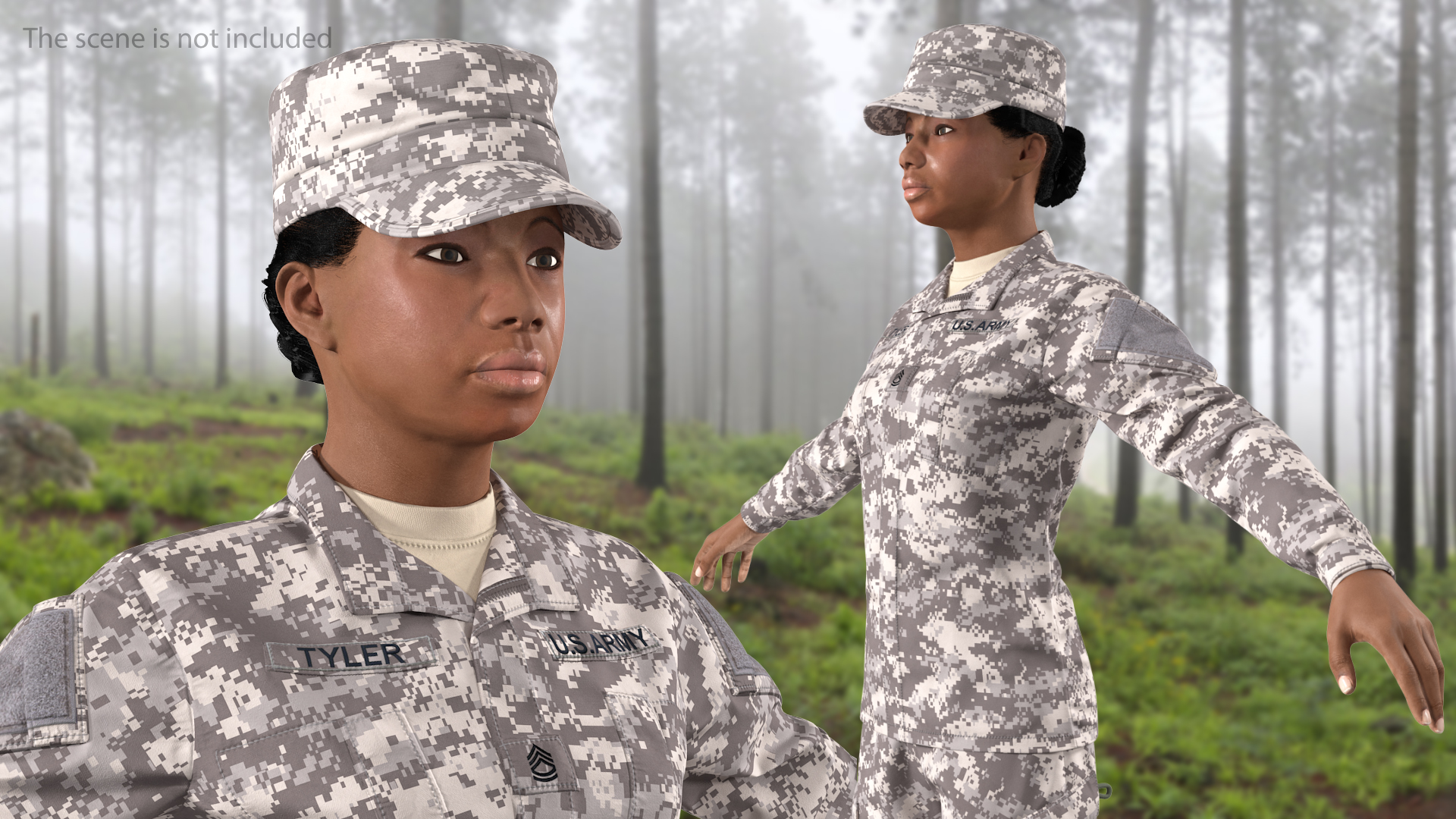Black Female Soldier Military ACU T Pose Fur 3D model