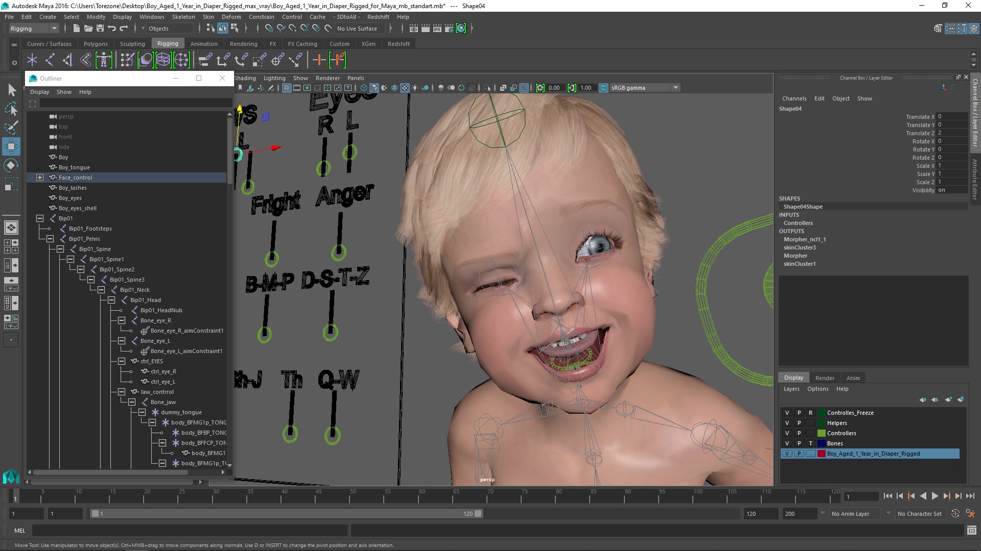 3D Boy Aged 1 Year in Diaper Rigged for Maya