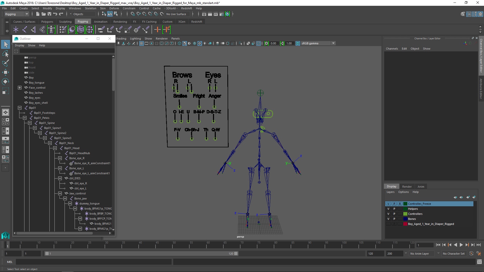 3D Boy Aged 1 Year in Diaper Rigged for Maya