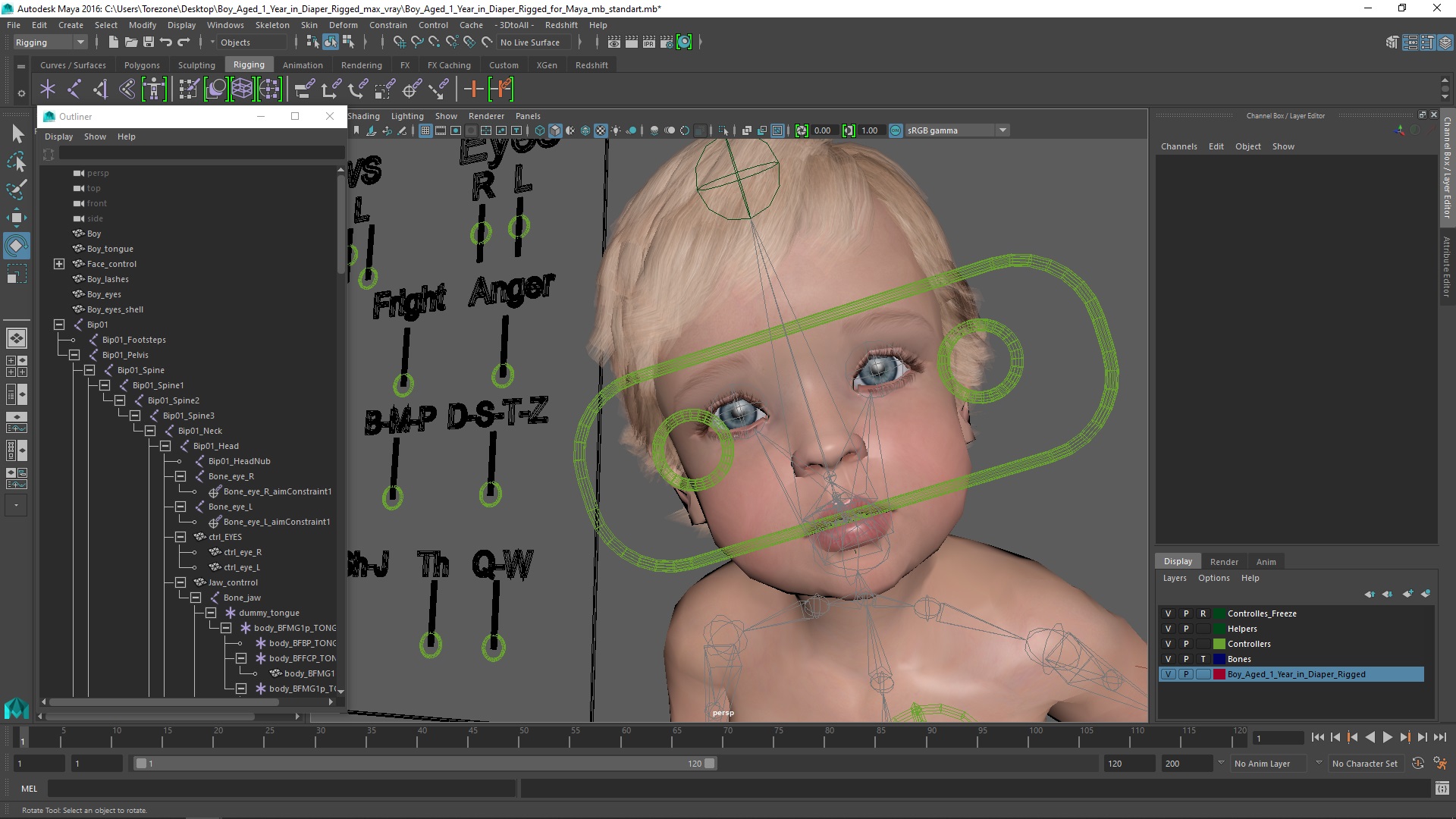 3D Boy Aged 1 Year in Diaper Rigged for Maya