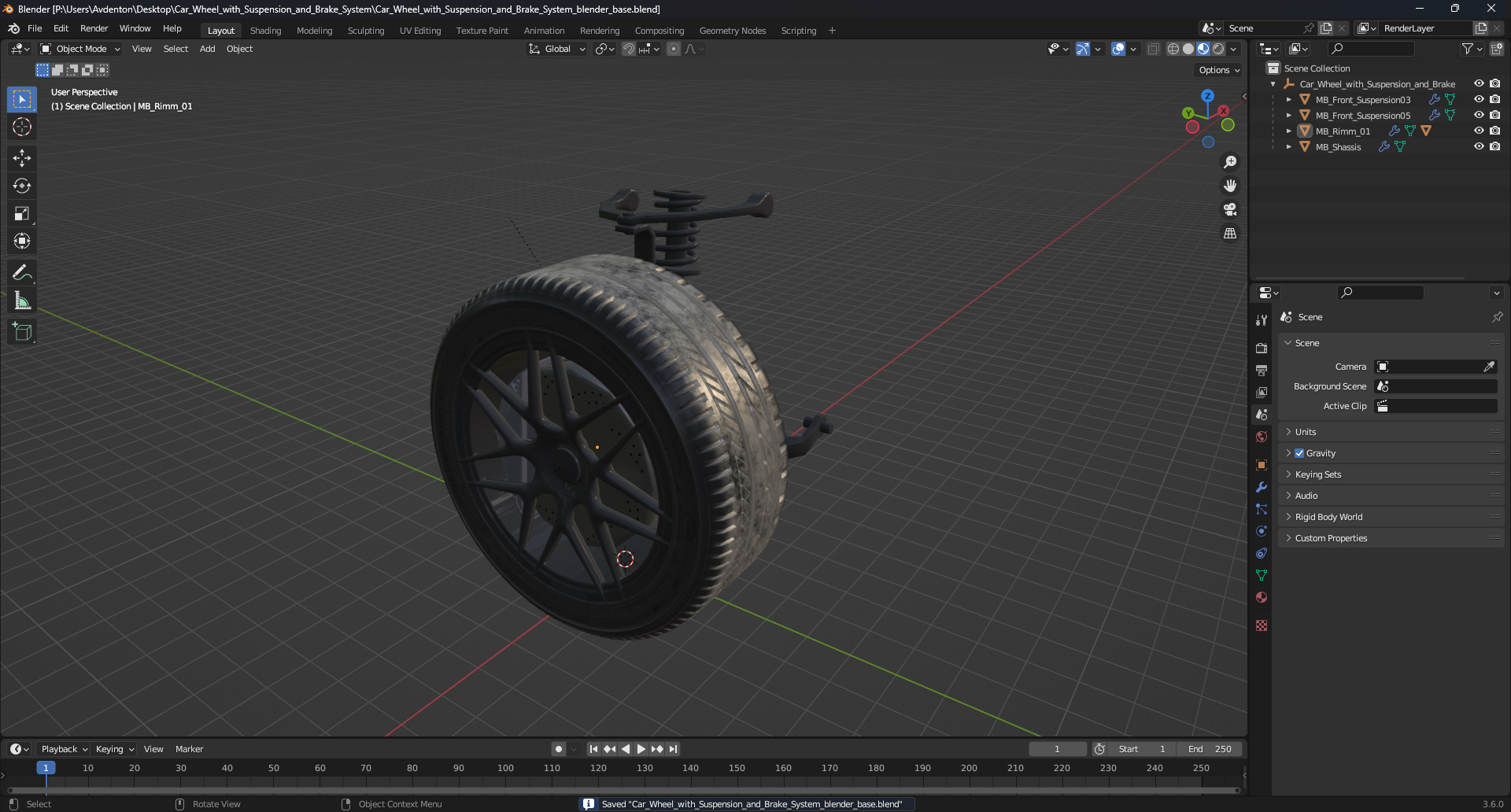 Car Wheel with Suspension and Brake System 3D