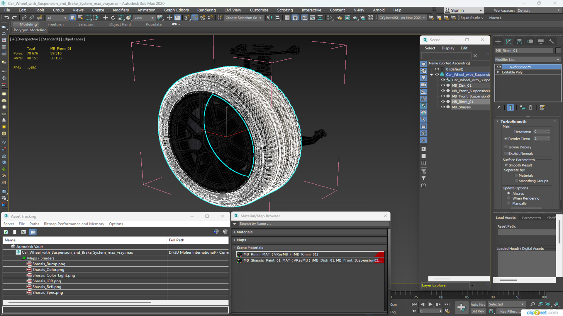 Car Wheel with Suspension and Brake System 3D
