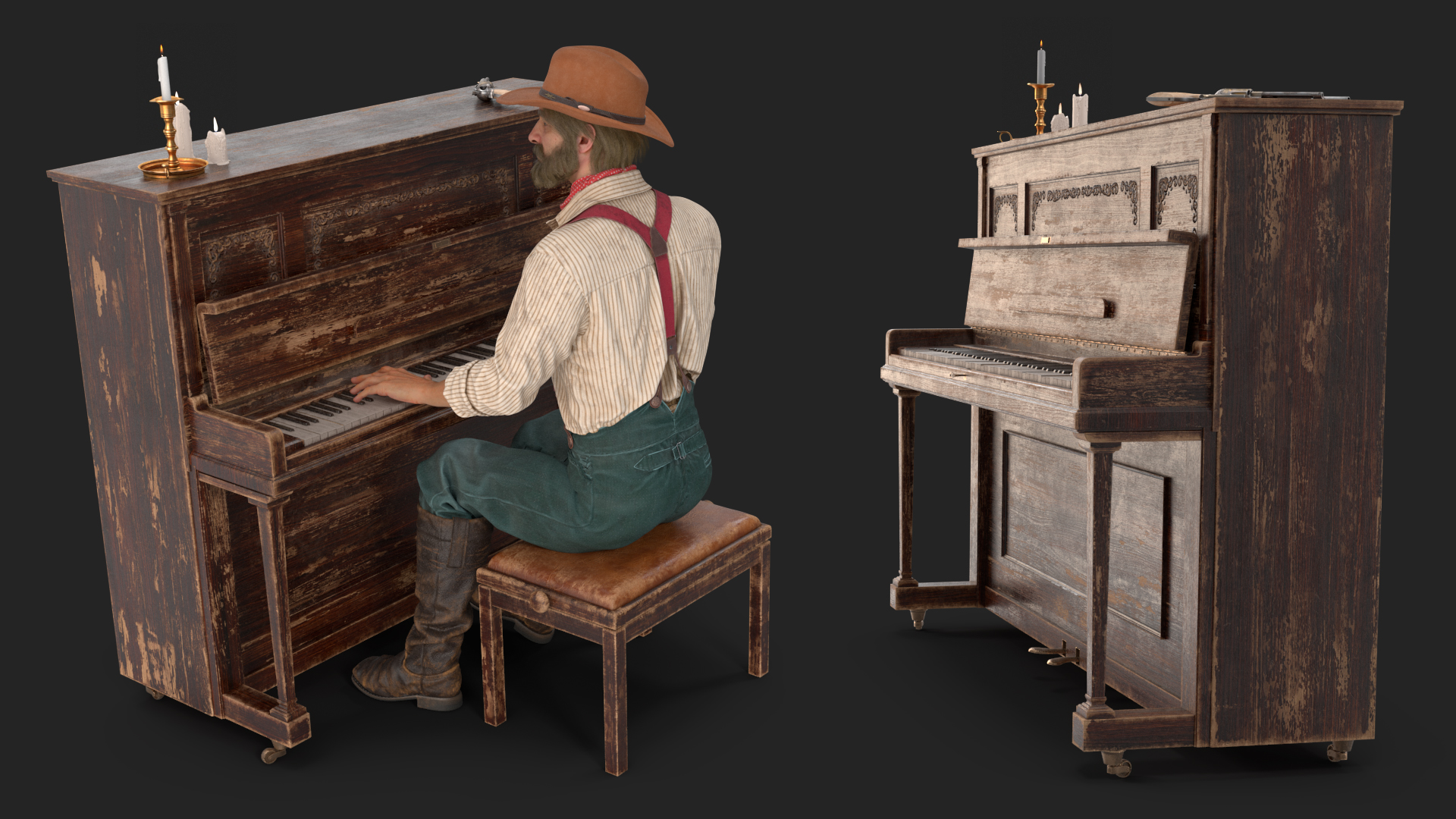 3D Old Western Piano with Musician