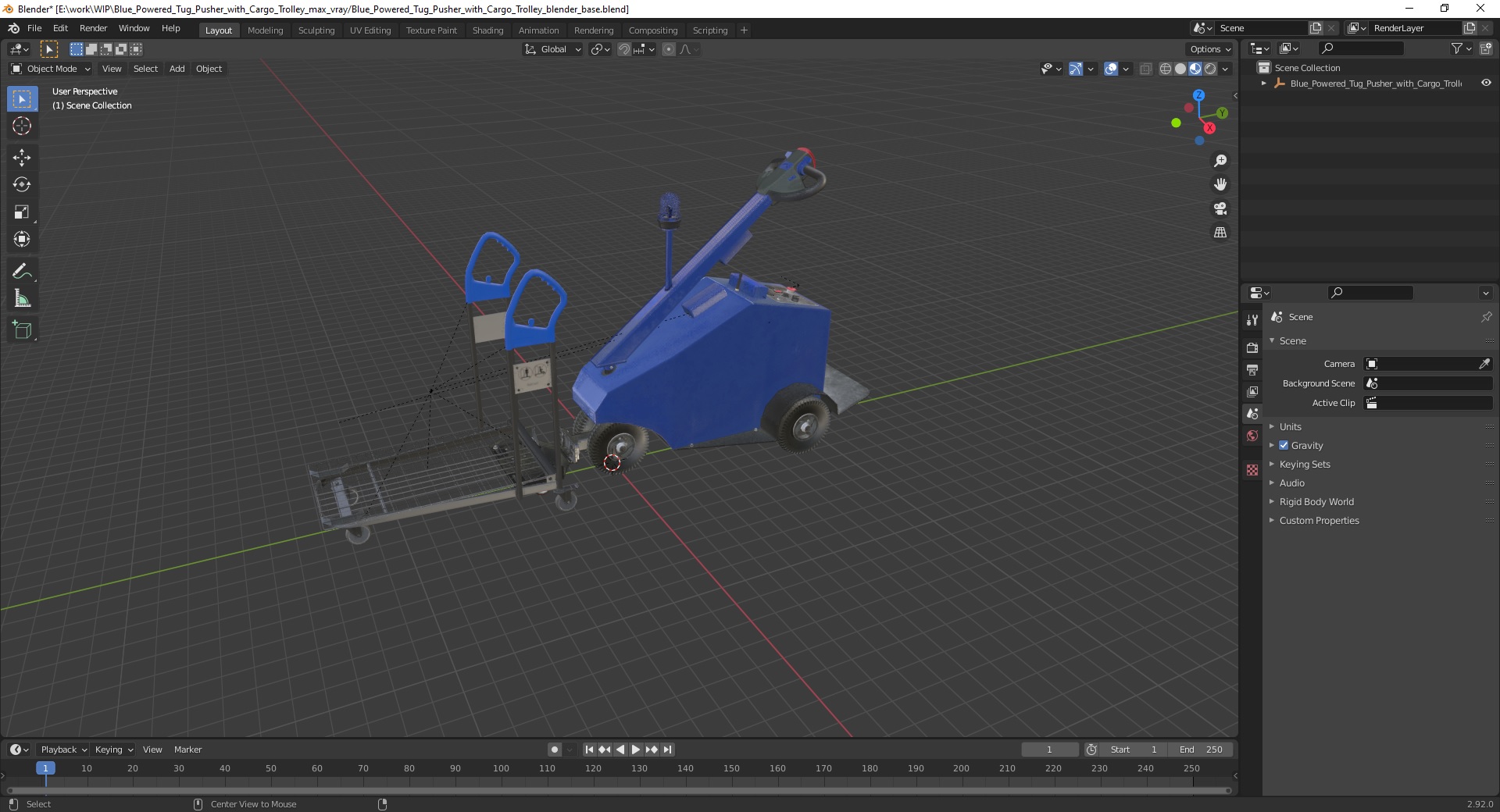 Blue Powered Tug Pusher with Cargo Trolley 3D