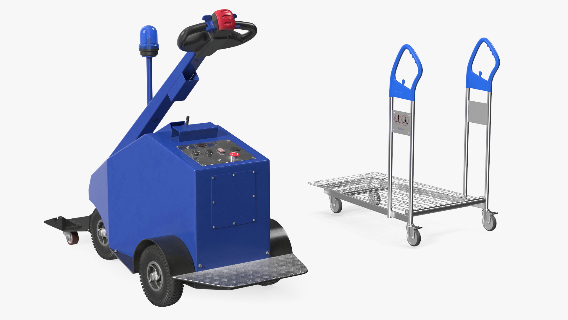 Blue Powered Tug Pusher with Cargo Trolley 3D