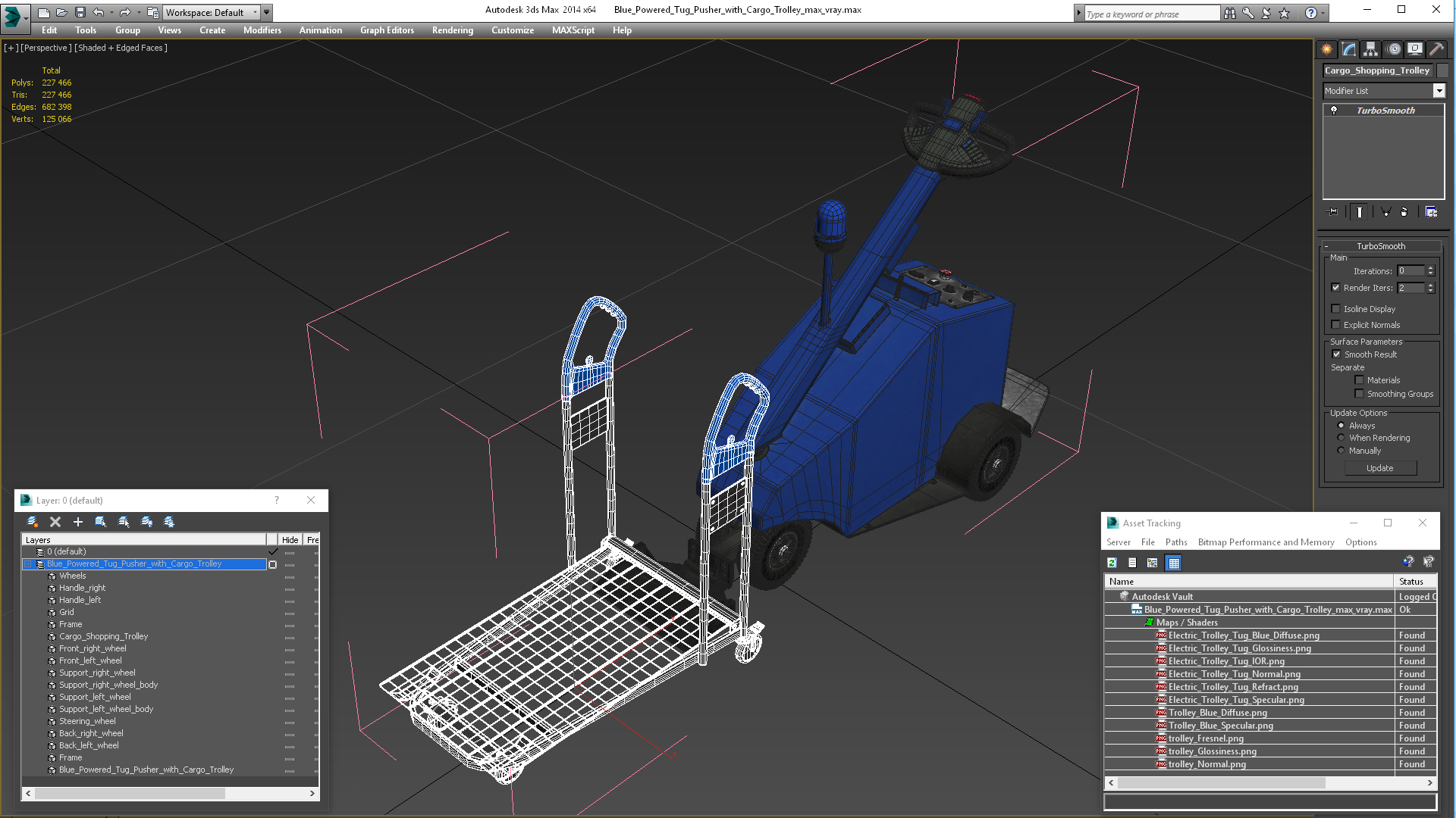 Blue Powered Tug Pusher with Cargo Trolley 3D