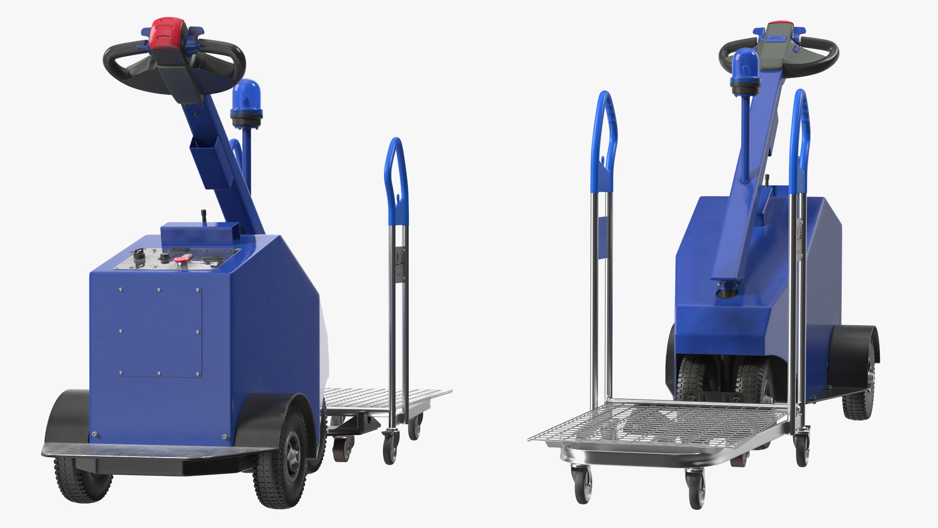 Blue Powered Tug Pusher with Cargo Trolley 3D