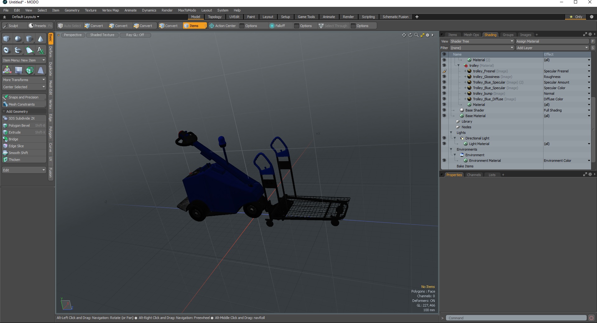 Blue Powered Tug Pusher with Cargo Trolley 3D