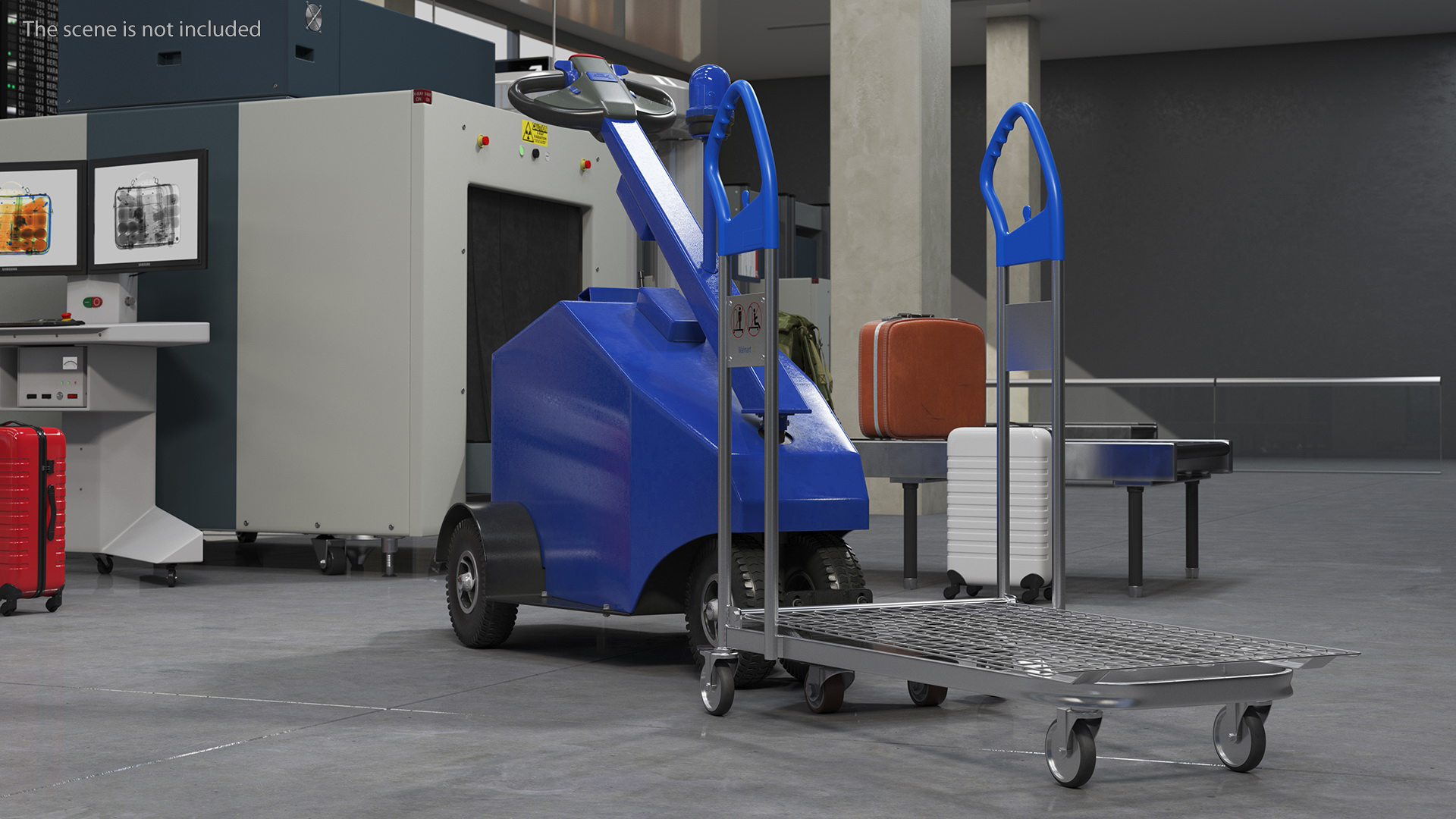 Blue Powered Tug Pusher with Cargo Trolley 3D