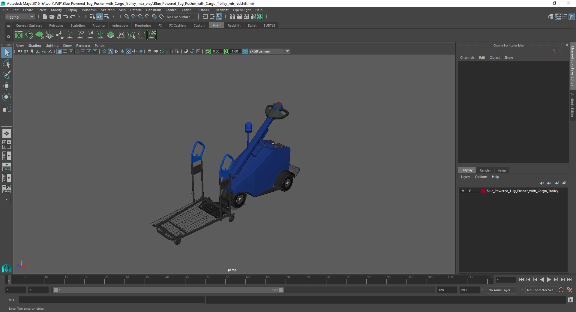 Blue Powered Tug Pusher with Cargo Trolley 3D