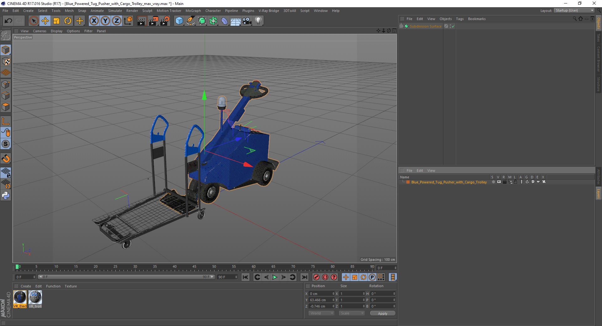 Blue Powered Tug Pusher with Cargo Trolley 3D