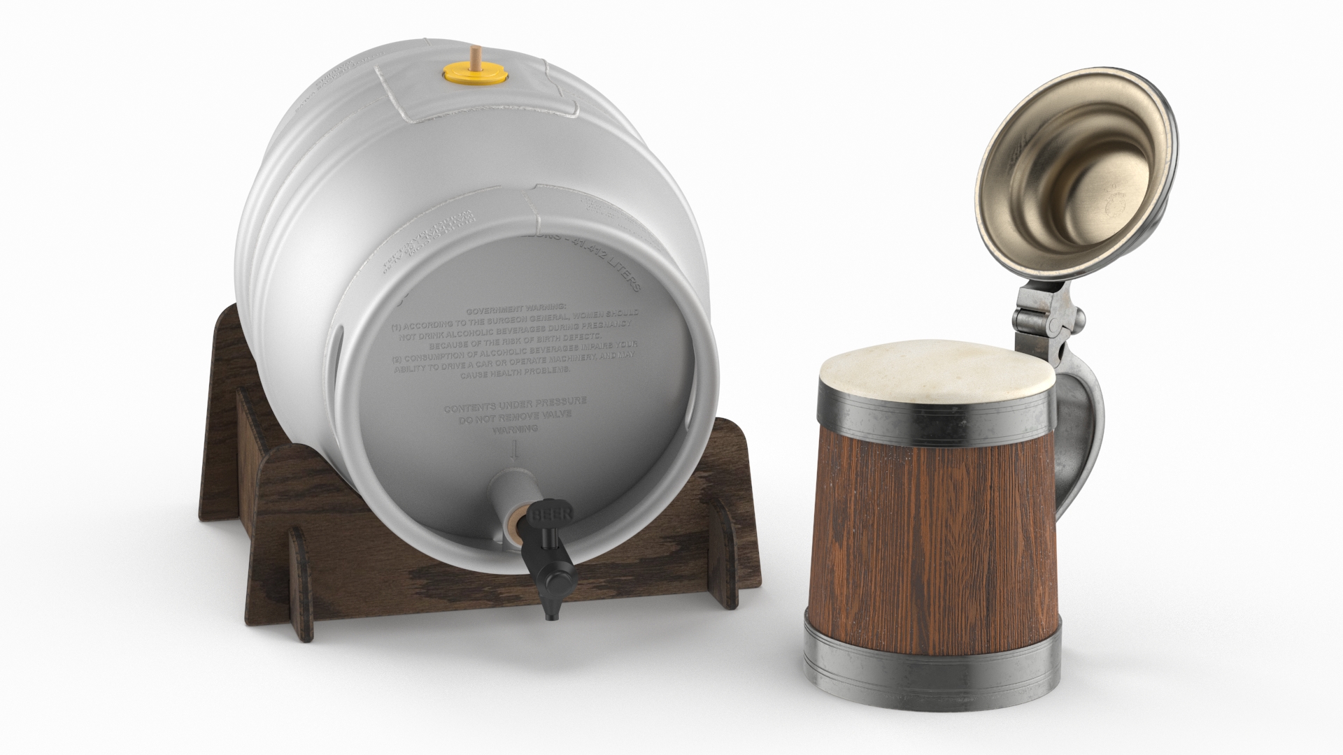 3D Barrel of Beer with Full Antique Silver and Oak Mug