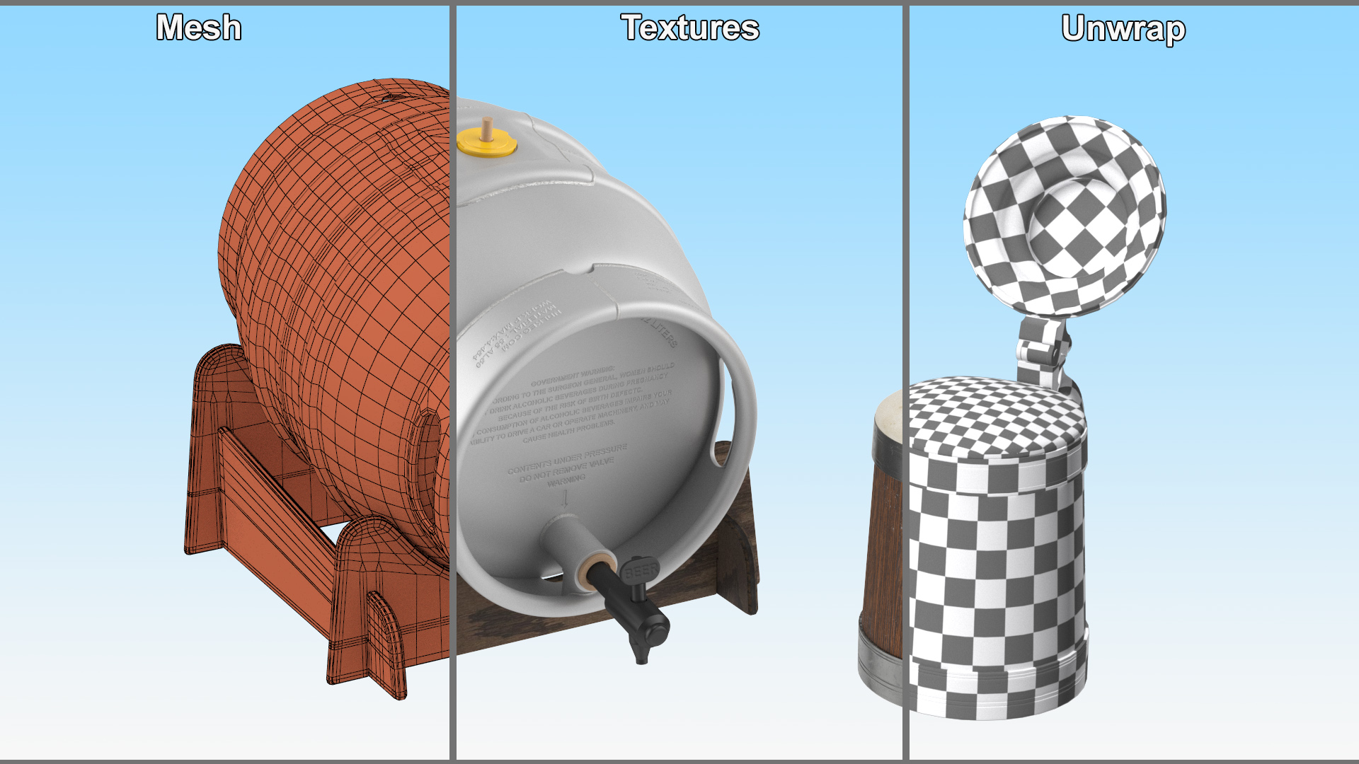 3D Barrel of Beer with Full Antique Silver and Oak Mug