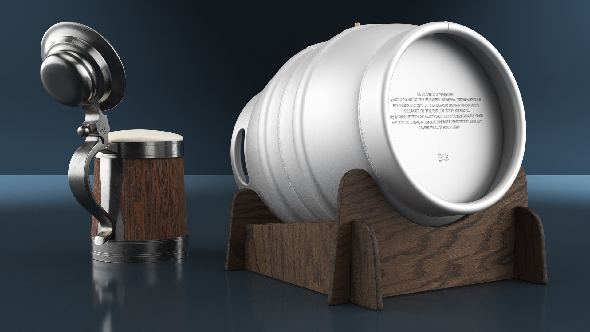 3D Barrel of Beer with Full Antique Silver and Oak Mug