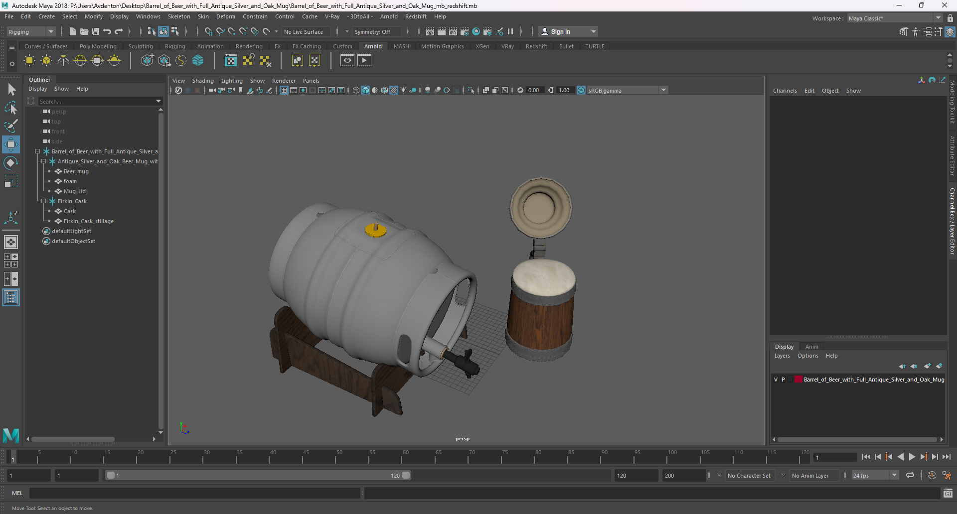 3D Barrel of Beer with Full Antique Silver and Oak Mug