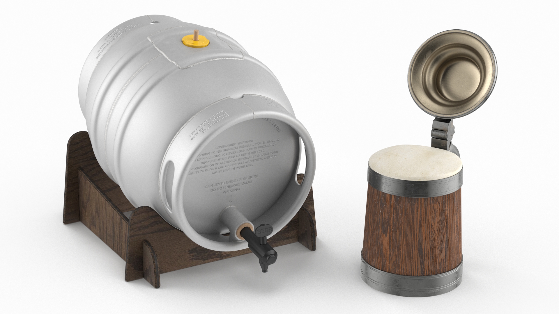 3D Barrel of Beer with Full Antique Silver and Oak Mug