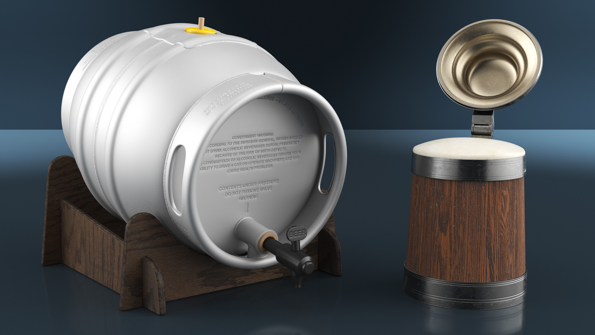 3D Barrel of Beer with Full Antique Silver and Oak Mug