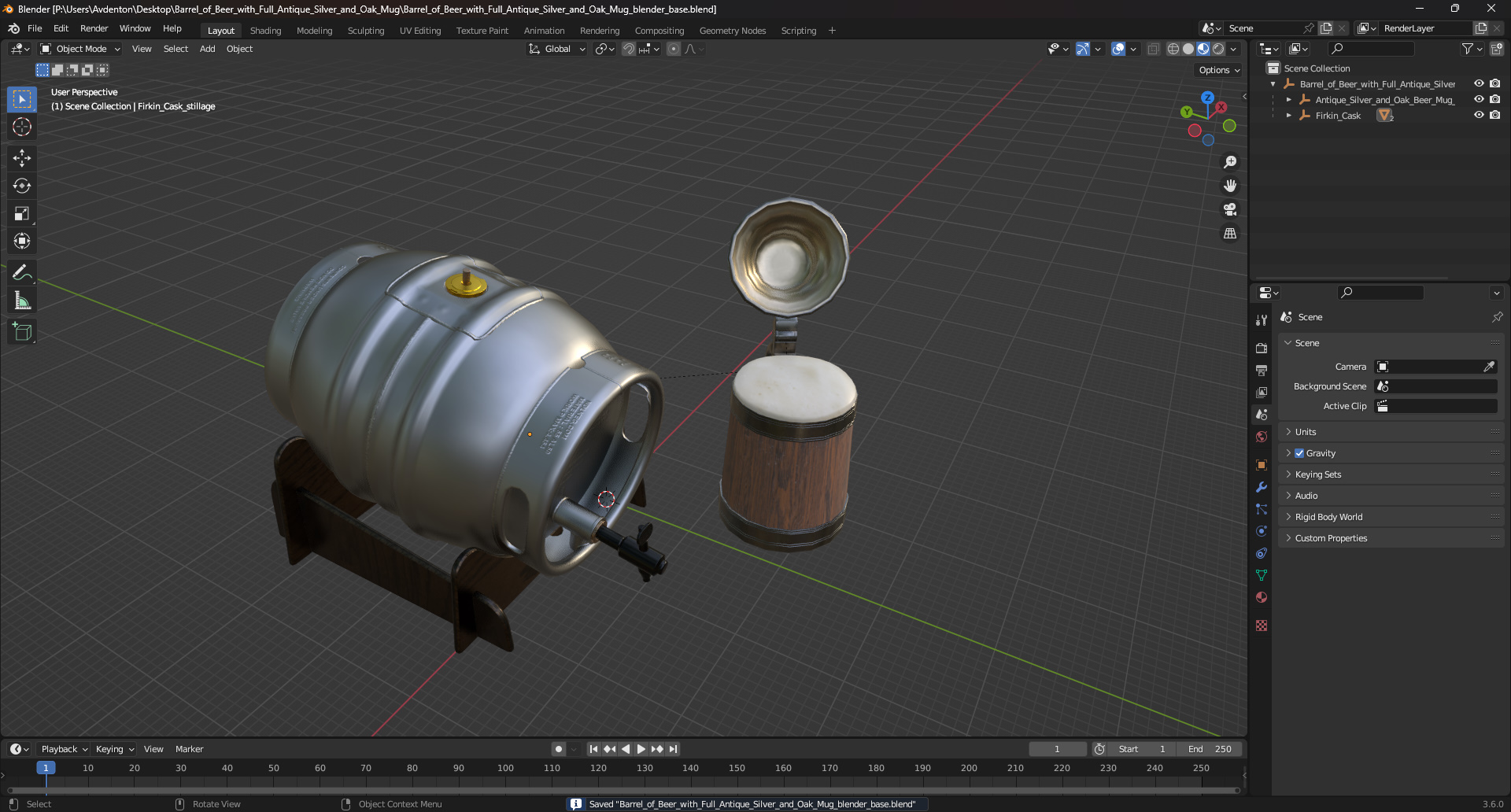 3D Barrel of Beer with Full Antique Silver and Oak Mug