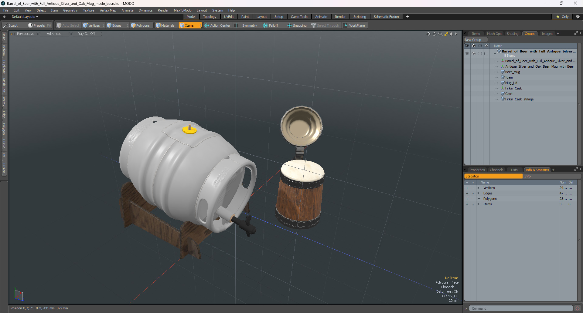 3D Barrel of Beer with Full Antique Silver and Oak Mug