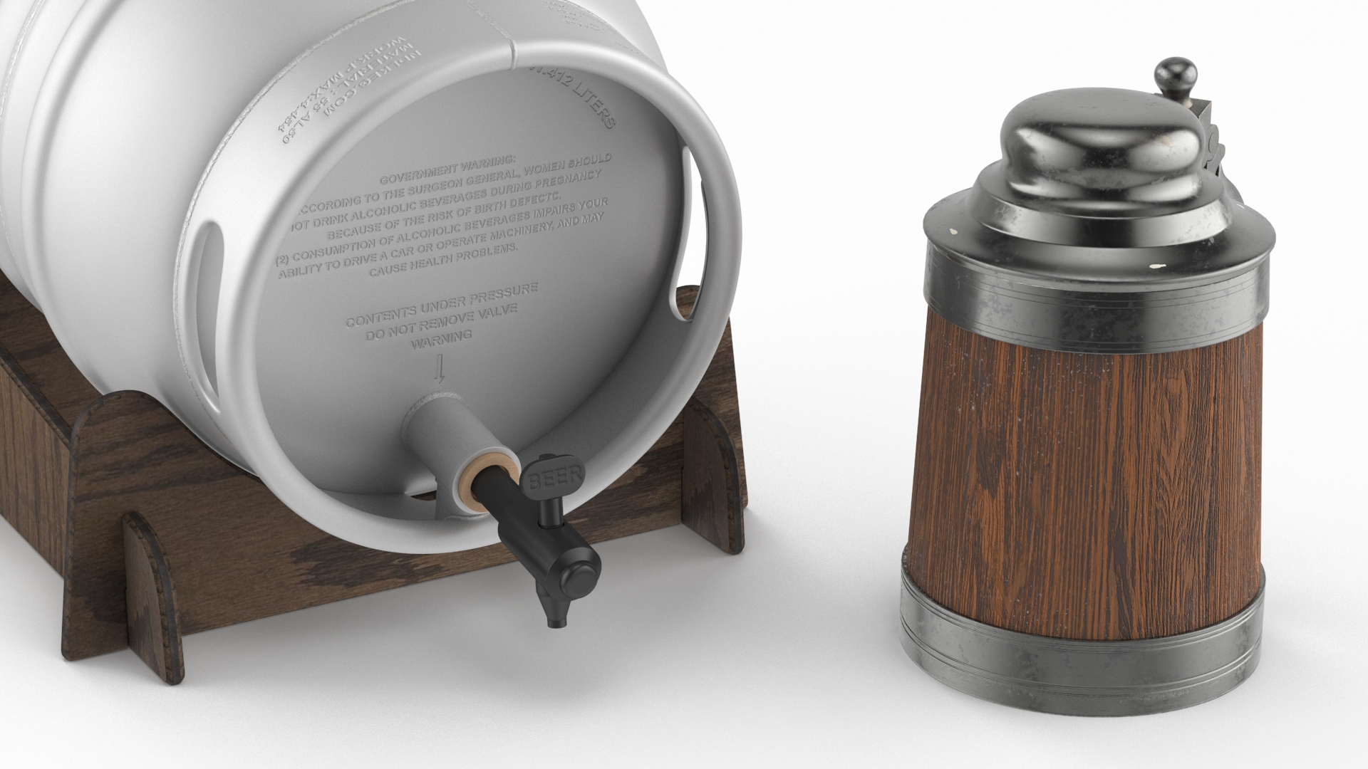 3D Barrel of Beer with Full Antique Silver and Oak Mug