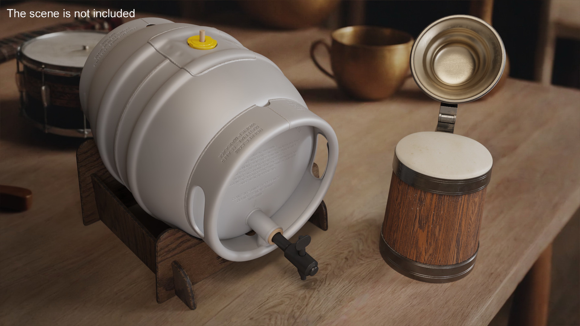 3D Barrel of Beer with Full Antique Silver and Oak Mug