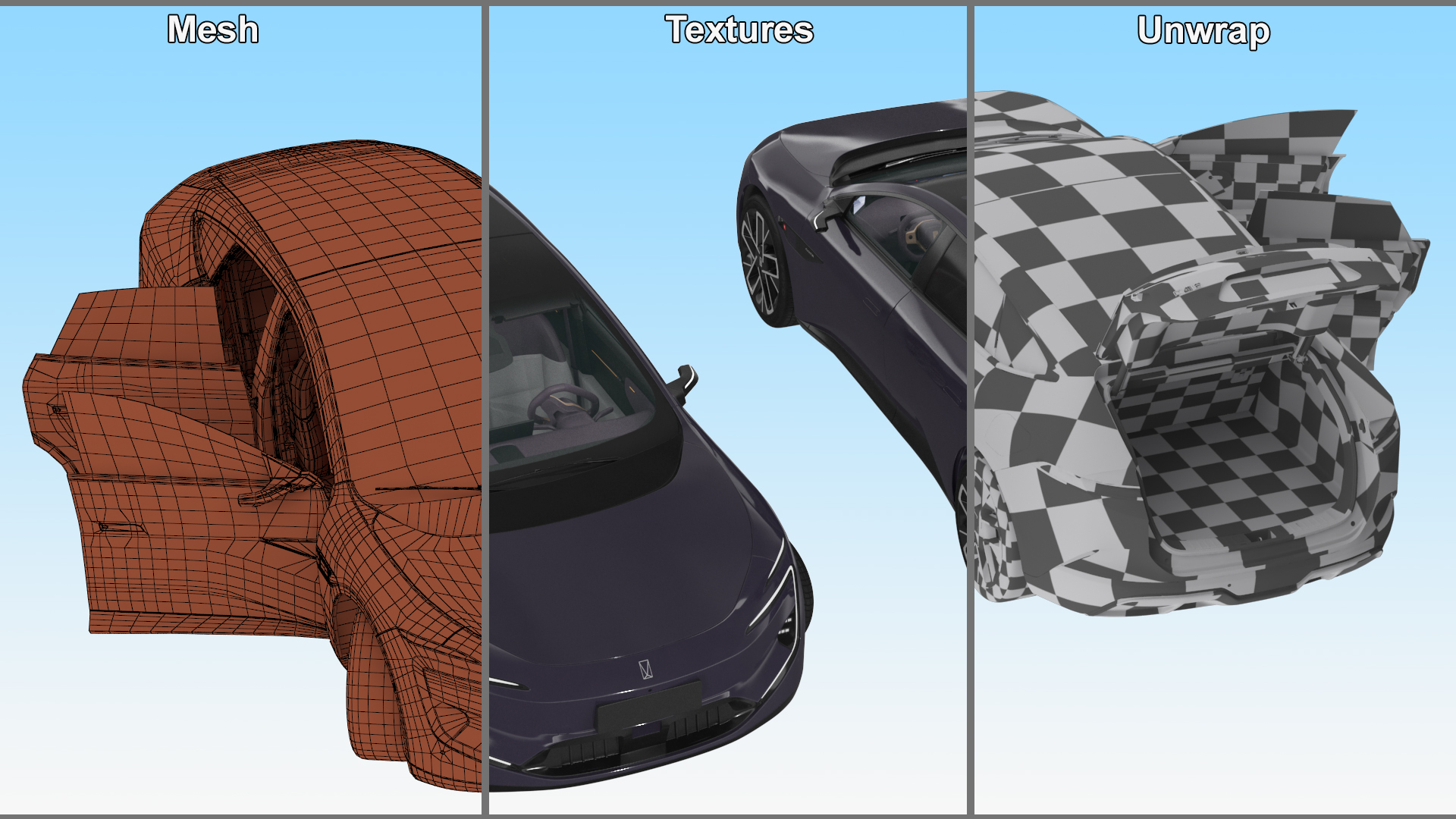 Avatr 12 EV Purple Color with Headlights On Rigged for Cinema 4D 3D model