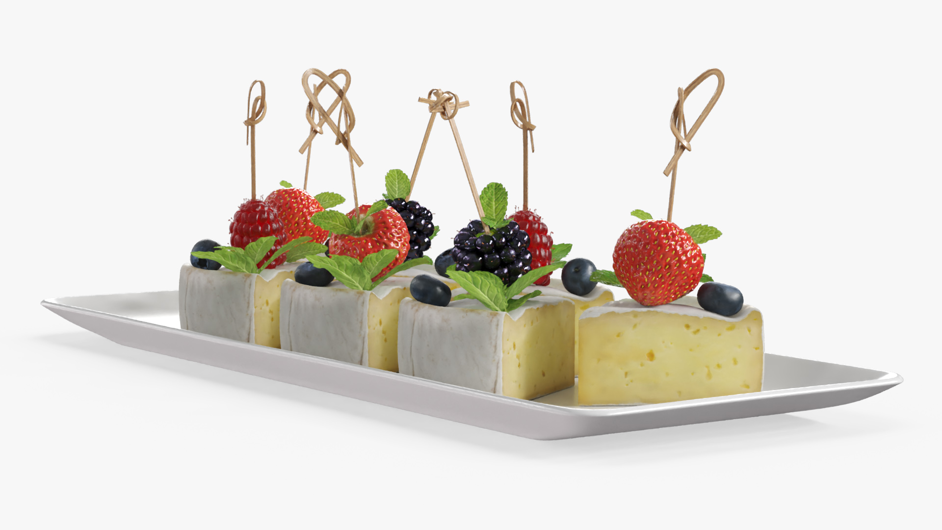 Brie Pieces with Fresh Berries and Mint on Plate White, view 3