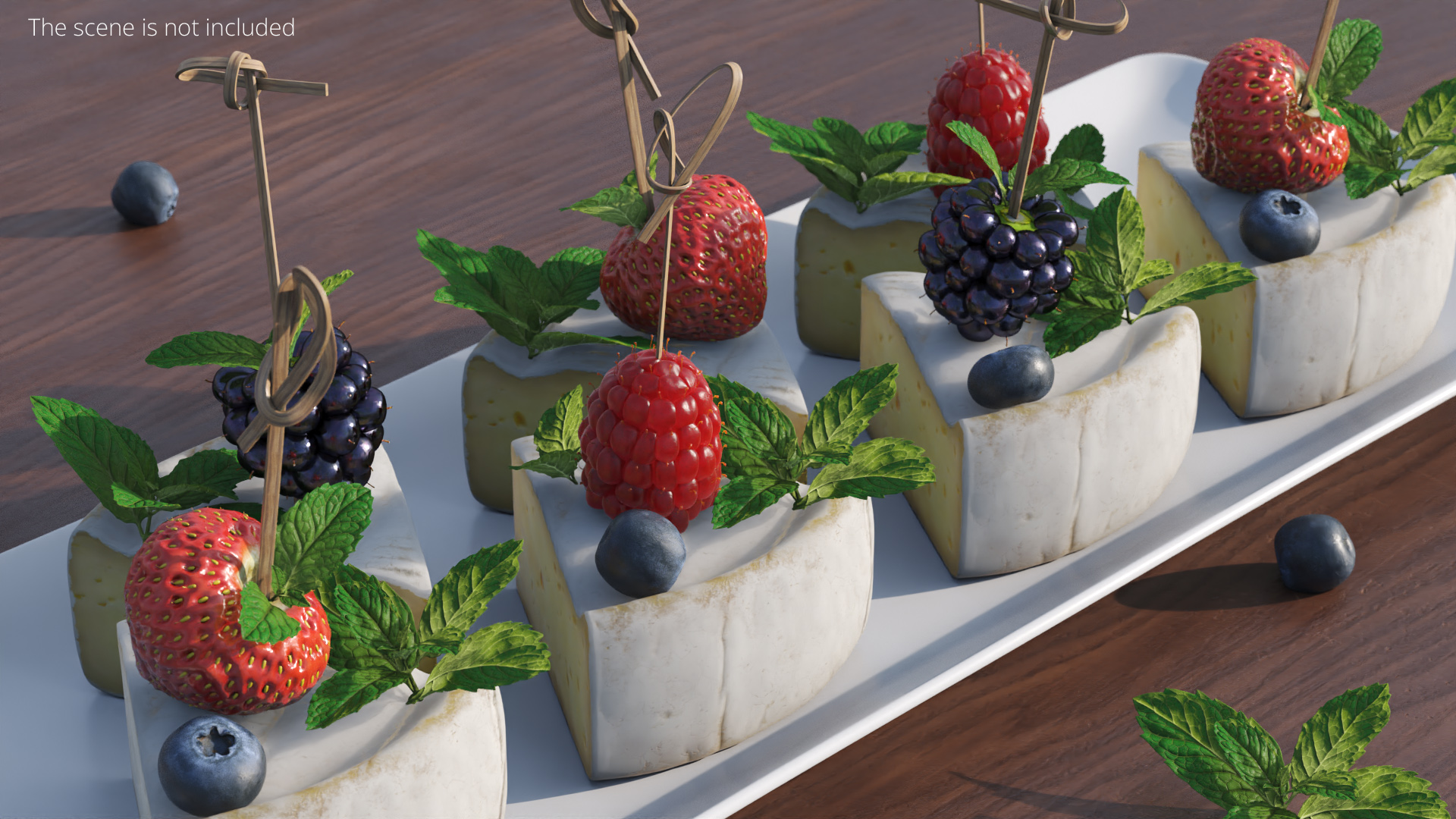 Brie Pieces with Fresh Berries and Mint on Plate White, view 2