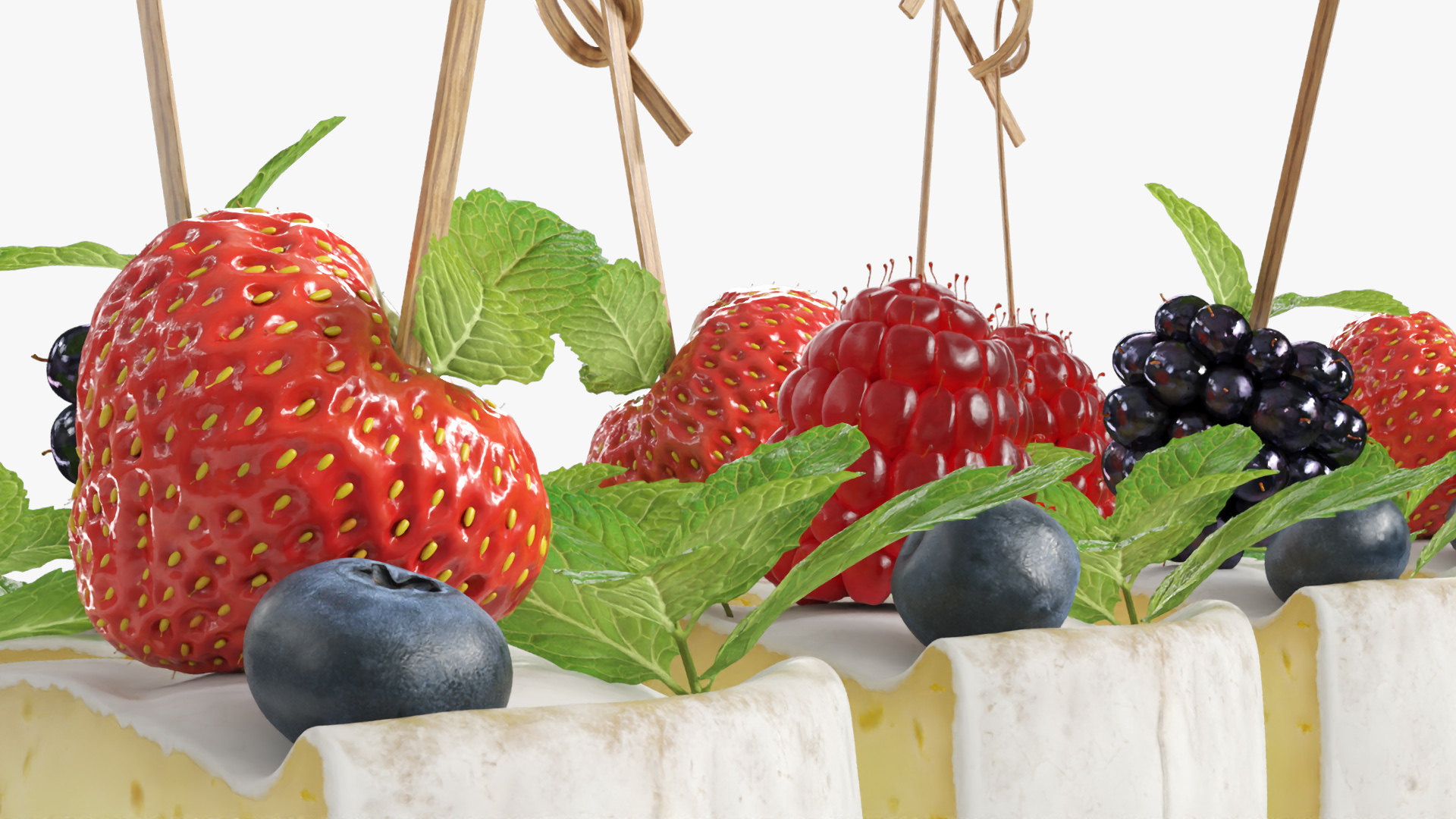 Brie Pieces with Fresh Berries and Mint on Plate White, view 5
