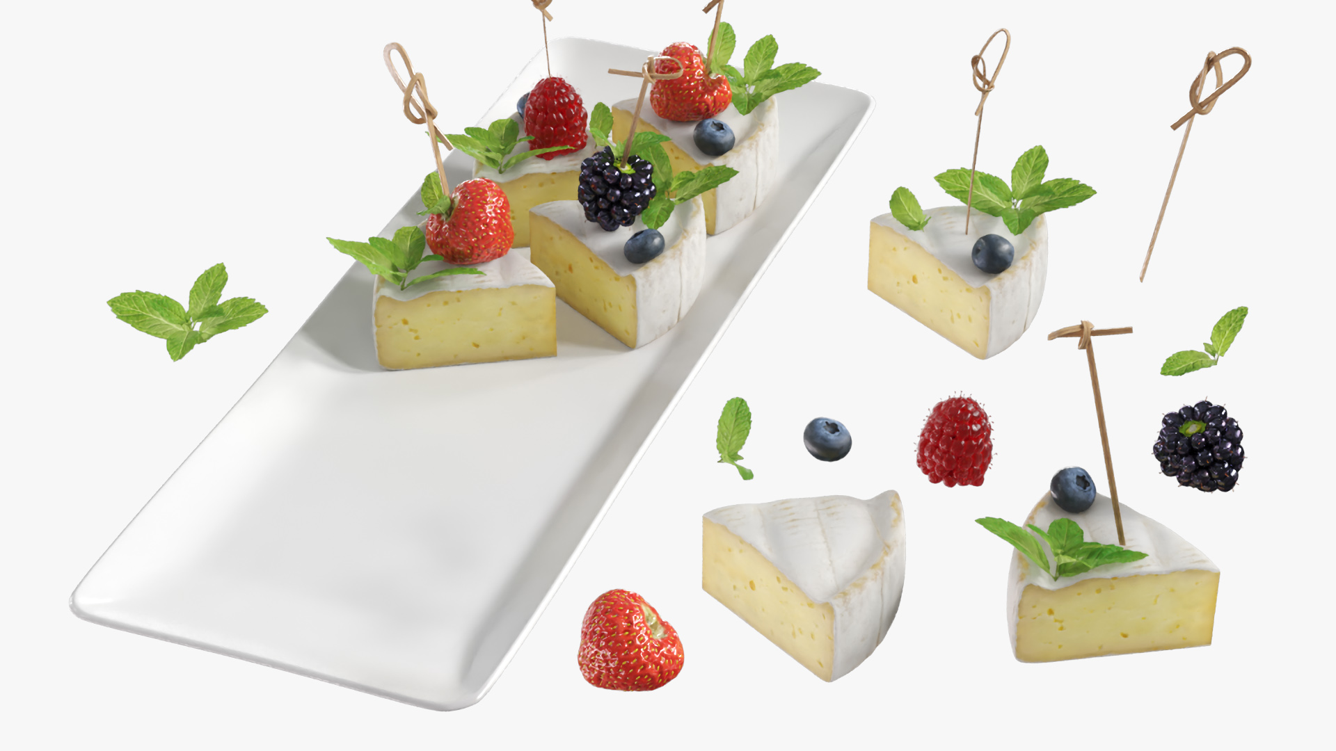 Brie Pieces with Fresh Berries and Mint on Plate White, view 8
