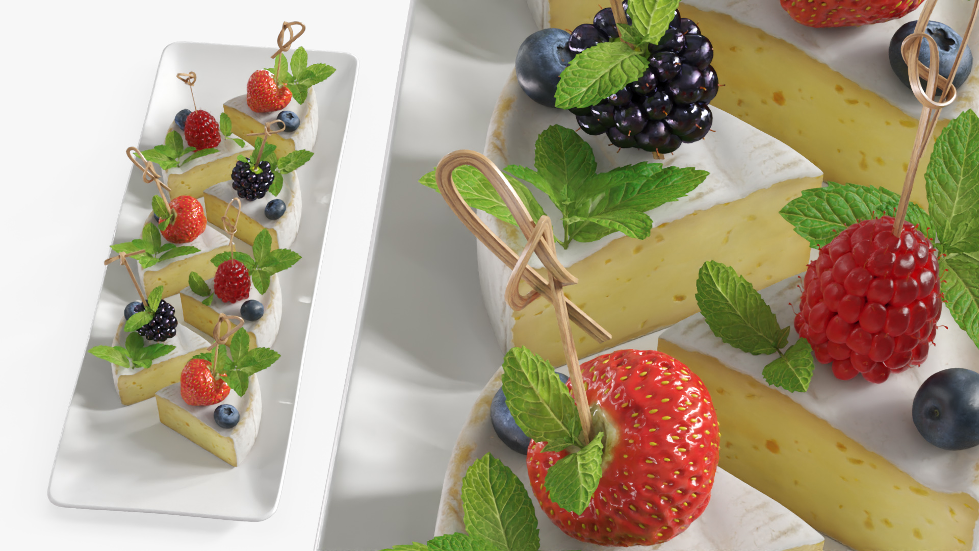 Brie Pieces with Fresh Berries and Mint on Plate White