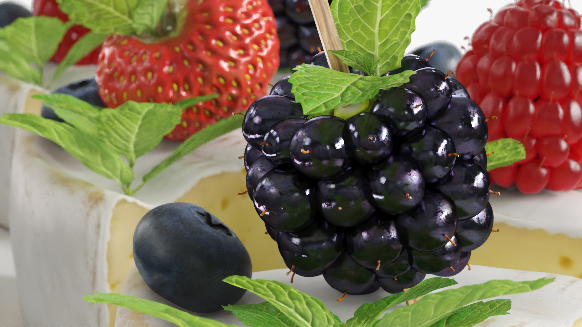Brie Pieces with Fresh Berries and Mint on Plate White, view 6