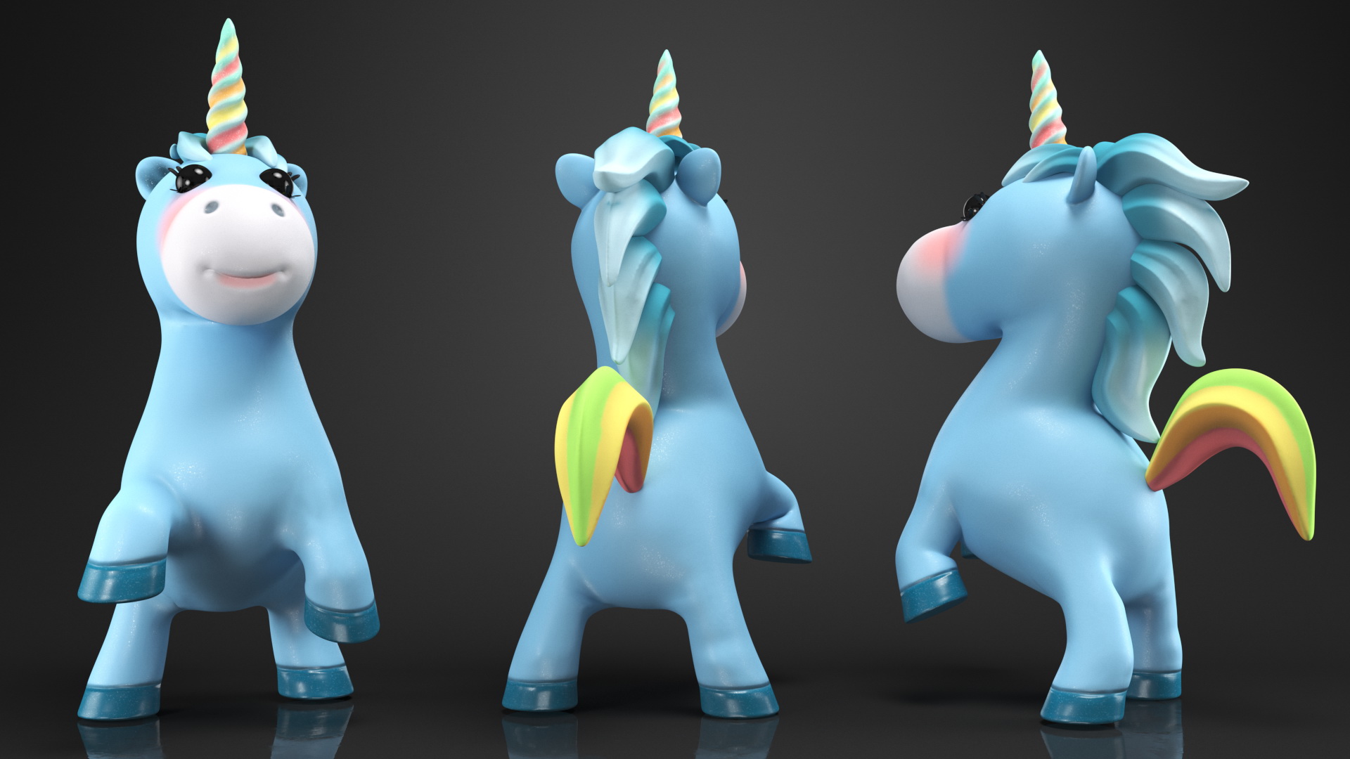 3D Blue Cartoon Unicorn Jumping Pose model