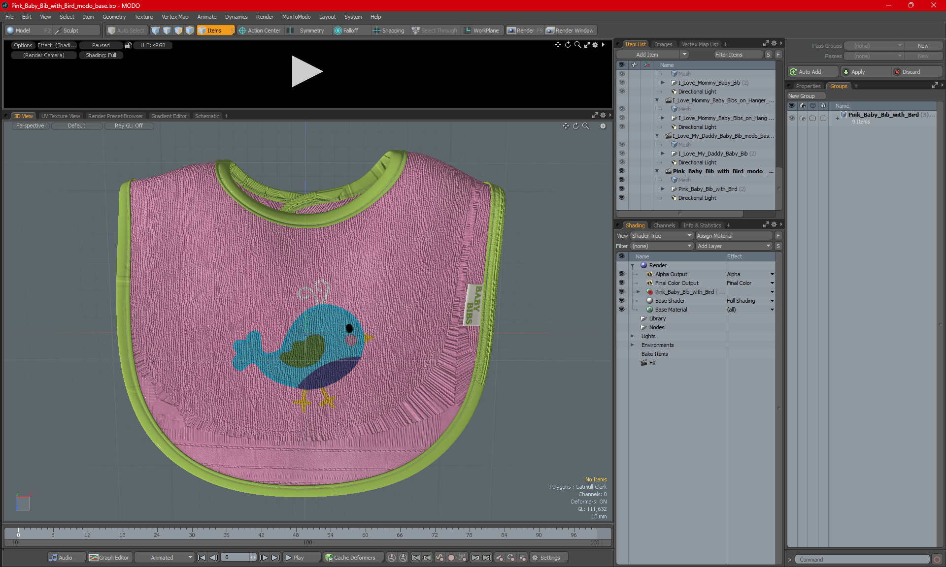 3D Pink Baby Bib with Bird model