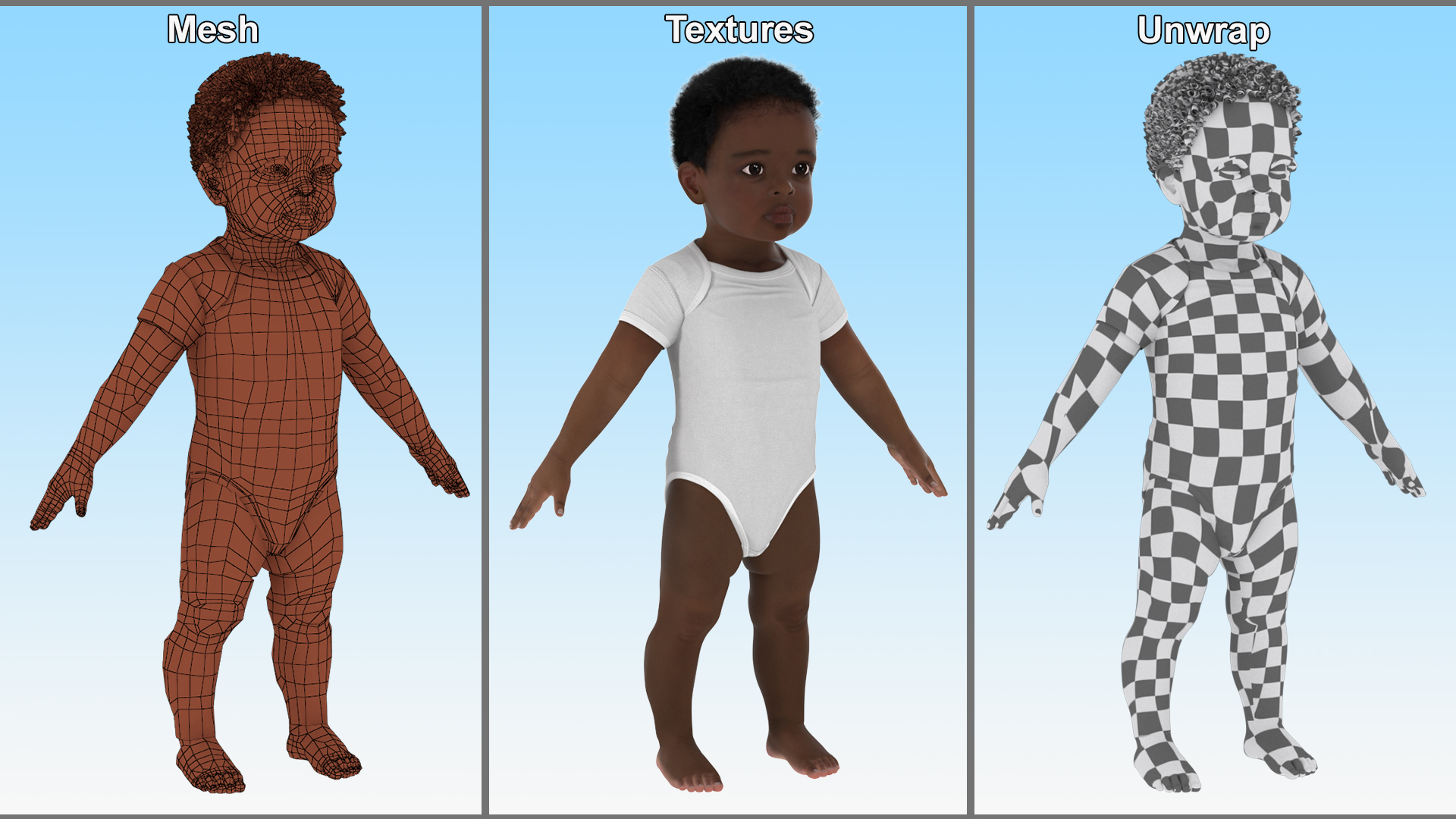 3D One Year Old Black Boy in Bodysuit Rigged