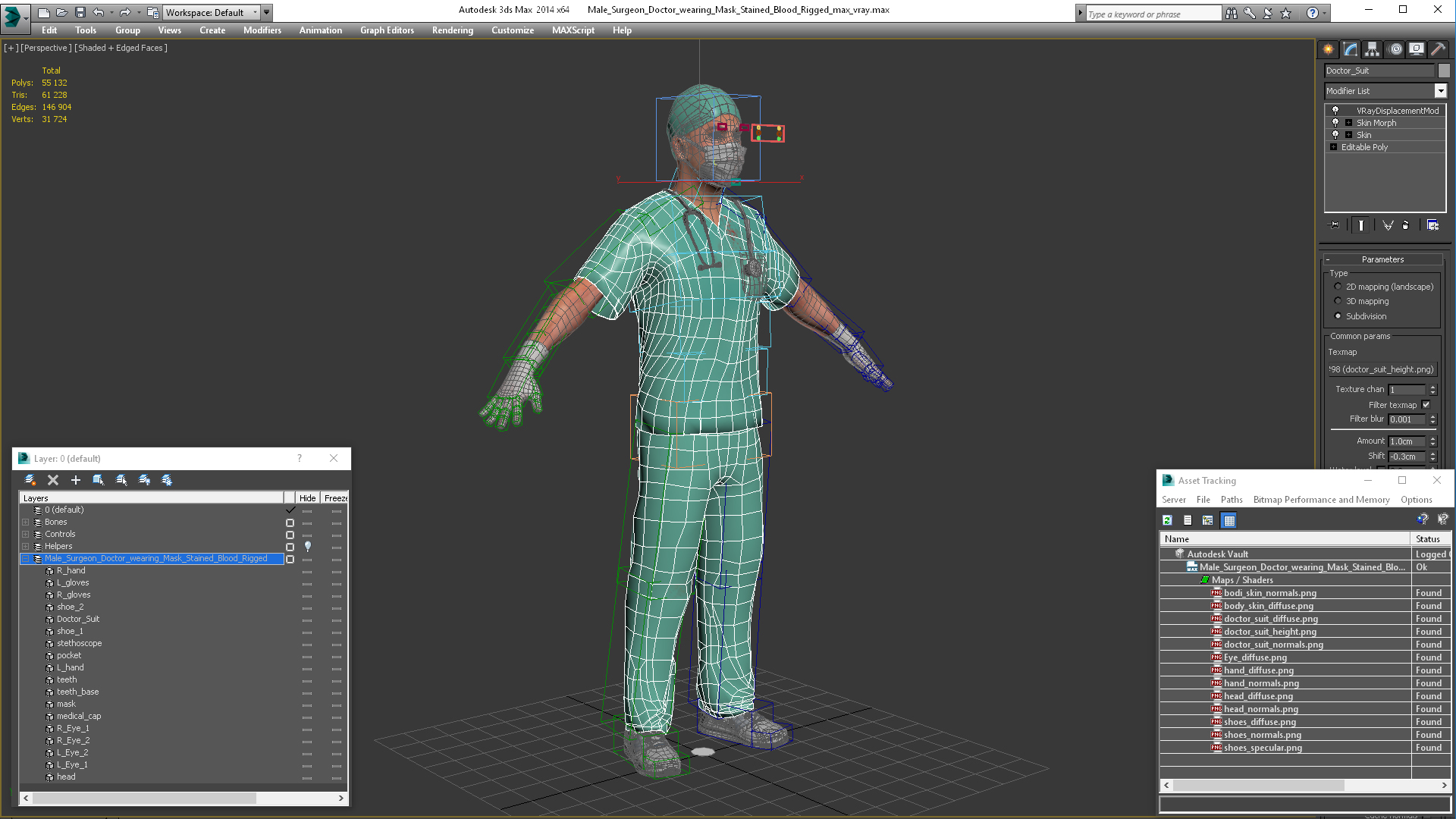 Male Surgeon Doctor wearing Mask Stained Blood Rigged for Cinema 4D 3D