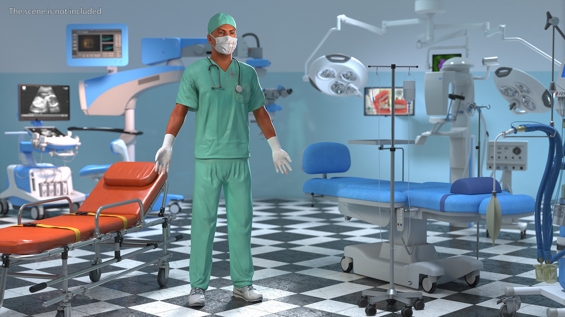 Male Surgeon Doctor wearing Mask Stained Blood Rigged for Cinema 4D 3D