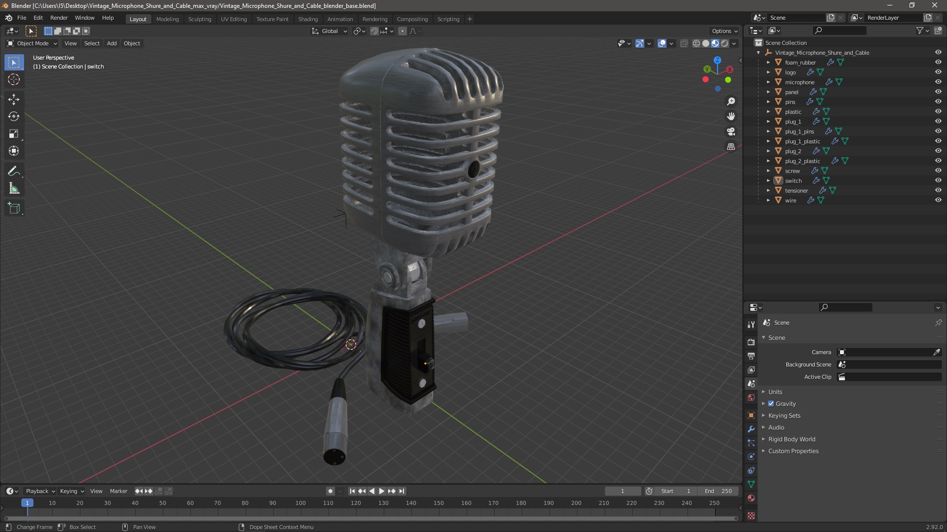 Vintage Microphone Shure and Cable 3D model