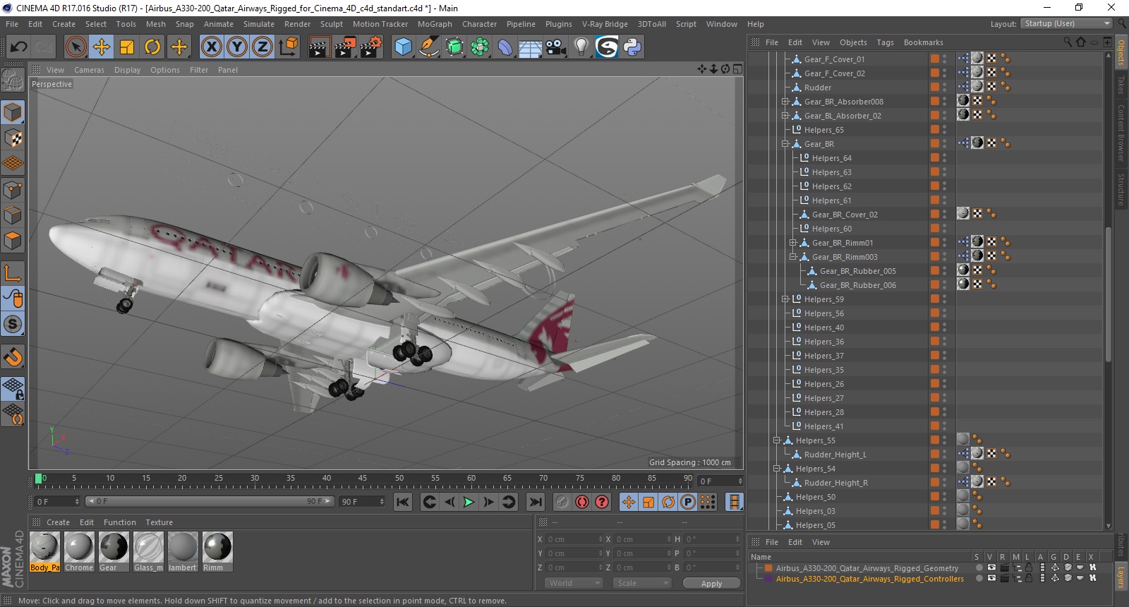 3D model Airbus A330-200 Qatar Airways Rigged for Cinema 4D